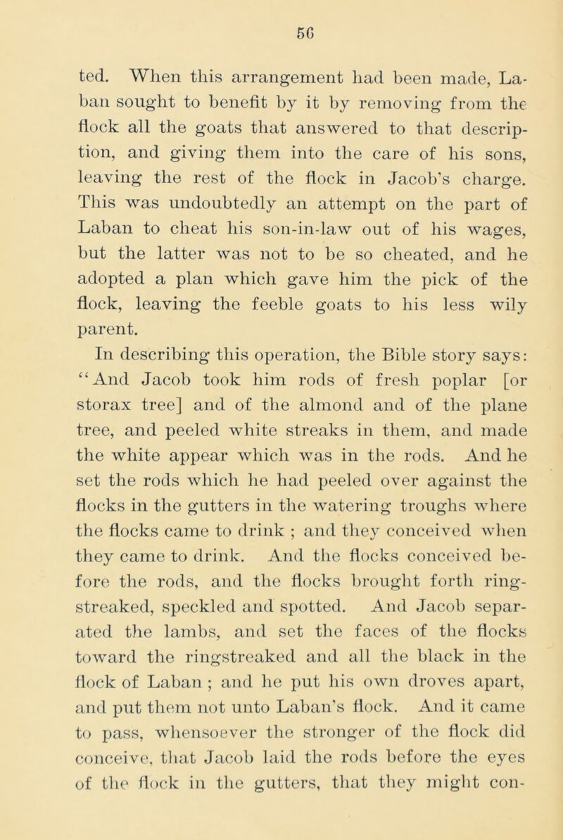 5G ted. When this arrangement had been made, La- ban sought to benefit by it by removing from the flock all the goats that answered to that descrip- tion, and giving them into the care of his sons, leaving the rest of the flock in Jacob's charge. This was undoubtedly an attempt on the part of Laban to cheat his son-in-law out of his wages, but the latter was not to be so cheated, and he adopted a plan which gave him the pick of the flock, leaving the feeble goats to his less wily parent. In describing this operation, the Bible story says: “And Jacob took him rods of fresh poplar [or storax tree] and of the almond and of the plane tree, and peeled white streaks in them, and made the white appear which was in the rods. And he set the rods which he had peeled over against the flocks in the gutters in the watering troughs where the flocks came to drink ; and they conceived when they came to drink. And the flocks conceived be- fore the rods, and the flocks brought forth ring- streaked, speckled and spotted. And Jacob separ- ated the lambs, and set the faces of the flocks toward the ringstreaked and all the black in the flock of Laban ; and he put his own droves apart, and put them not unto Laban's flock. And it came to pass, whensoever the stronger of the flock did conceive, that Jacob laid the rods before the eyes of the flock in the gutters, that they might con-