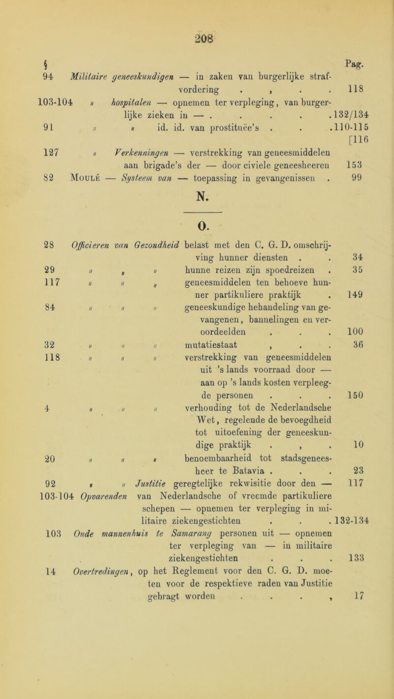 § Pa?' 94 Militaire geneeskundigen — in zaken van burgerlijke straf- vordering . , . . 118 103-104 // hospitalen — opuemen ter verpleging, van burger- lijke zieken in — . 132/134 91 U // id. id. van prostituëe’s . 110-115 [116 127 n Verkenningen — verstrekking van geneesmiddelen aan brigade’s der — door civiele geneesheeren 153 82 Moulé - — Systeem van — toepassing in gevangenissen N. O. 99 28 Officieren van Gezondheid belast met den C. G. D. omschrij- ving hunner diensten . 34 29 II „ II hunne reizen zijn spoedreizen 35 117 11 II „ geneesmiddelen ten behoeve hun- ner partikuliere praktijk 149 84 11 n II geneeskundige behandeling van ge- vangenen , bannelingen en ver- oordeelden 100 32 II II II mutatiestaat , 36 118 II II II verstrekking van geneesmiddelen uit ’s lands voorraad door — aan op ’s lands kosten verpleeg- de personen 150 4 II II II verhouding tot de Nederlandsche Wet, regelende de bevoegdheid tot uitoefening der geneeskun- dige praktijk . , 10 20 II II tt benoembaarheid tot stadsgenees- heer te Batavia . 23 92 II Justitie geregtelijke rekwisitie door den — 117 103-104 Opvarenden van Nederlandsclie of vreemde partikuliere schepen — opnemen ter verpleging in mi- litaire ziekengestichten . . .132-134 103 Onde mannenhuis te Samara?ig personen uit — opnemen ter verpleging van — in militaire ziekeugestichten . . .133 14 Overtredingen^ op het Reglement voor den C. G. D. moe- ten voor de respektieve raden van Justitie gebragt worden 17