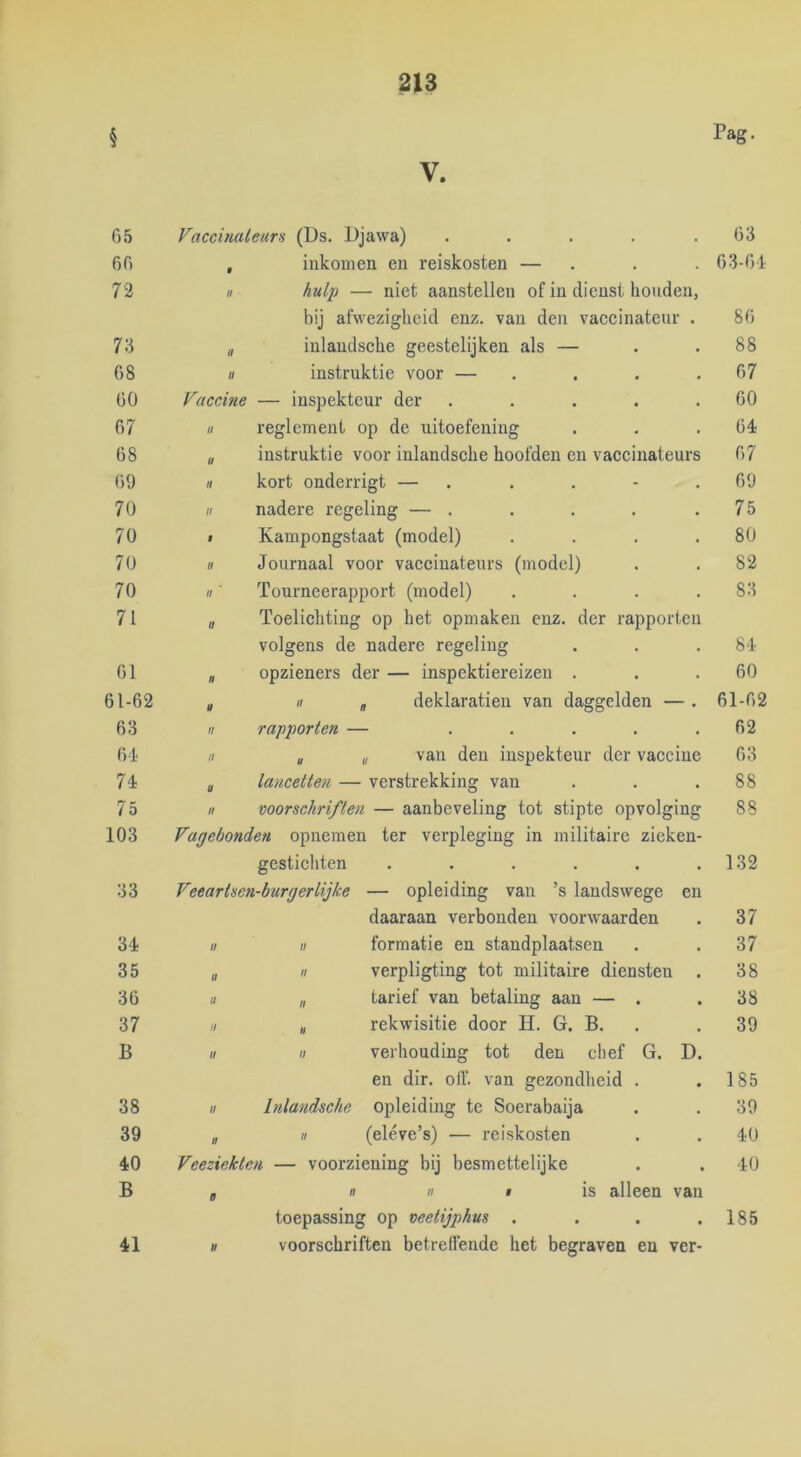 05 00 72 73 08 00 07 08 09 70 70 70 70 71 01 01-02 03 0-i. 74 7 5 103 33 34 35 30 37 B 38 39 40 B V. Pag. Vaccinaleurs (Ds. Djawa) ..... 63 ff inkomen en reiskosten — 63-64 II kulj) — niet aanstellen of in dienst houden, bij afwezigheid enz. van den vaccinateur . 86 U inlandsche geestelijken als — 88 11 instruktie voor — 67 Vaccine — inspekteur der ..... 60 II reglement op de uitoefening 64 II instruktie voor inlandsche hoofden en vaccinateurs 67 tl kort onderrigt — 69 II nadere regeling — . 75 i Kampongstaat (model) .... 80 II Journaal voor vaccinateurs (model) 82 II ' Tourneerapport (model) .... 83 II Toelichting op het opmaken enz. der rapporten volgens de nadere regeling 84 n opzieners der — inspektiereizen . 60 II II g deklaratien van daggelden — . 61-62 II rapporten — ..... 62 II g II van den inspekteur der vaccine 63 u lancetten — verstrekking van 88 II voorschriften — aanbeveling tot stipte opvolging 88 Vagebonden opiiemen ter verpleging in militaire zieken- gestichten ...... 132 Veeartsen-burgerlijke — opleiding van ’s landswege en daaraan verbonden voorwaarden 37 II II formatie en standplaatsen 37 II II verpligting tot militaire diensten . 38 II „ tarief van betaling aan — . 38 II II rekwisitie door H. G. B. . 39 II II verhouding tot den chef G. D. en dir. oiï. van gezondheid . 185 II Inlandsche opleiding te Soerabaija 39 tl II (eléve’s) — reiskosten 40 Veeziekten — voorziening bij besmettelijke 40 0 II II 1 is alleen van toepassing op veetijphus .... 185 U voorschriften betrelfende het begraven eu ver- 41