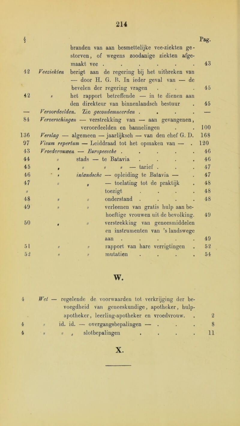 § branden van aan besmettelijke vee-ziekten ge- storven , of wegens zoodanige ziekten afge- Pag. maakt vee ...... 43 42 Feeziekten berigt aan de regering bij het uitbreken van — door H. G. B. In ieder geval van — de bevelen der regering vragen 45 42 n het rapport betreffende — in te dienen aan den direkteur van binnenlandsch bestuur 45 — Feroordeelden. Zie gecondemneerden .... — 84 Ferverschingeu — verstrekking van — aan gevangenen, veroordeelden en bannelingen 100 136 Verslag — algemeen — jaarlijksch — van den chef G. D. 168 97 Visum repertum — Leiddraad tot het opmaken van — . 120 43 Vroedvrouwen — Europeesche ..... 46 44 n stads — te Batavia .... 46 45 ff II II II — tarief . 47 46 # inlandsche — opleiding te Batavia — 47 47 // „ — toelating tot de praktijk 48 // toezigt .... 48 48 n II onderstand .... 48 49 n II verleeuen van gratis hulp aan be- hoeftige vrouwen uit de bevolking. 49 50 f II verstrekking van geneesmiddelen en instrumenten van ’s landswege aan ..... 49 5 1 1/ II rapport van hare verrigtingen 52 52 II mutatien .... 54 w. 1 Wet — regelende de voorwaarden tot verkrijging der be- voegdheid van geneeskundige, apotheker, hulp- apotheker, leerling-apotheker en vroedvrouw. . 2 4 II id. id. — overgangsbepalingen — . . . 8 4 « H slotbepalingen . . . .11 X.