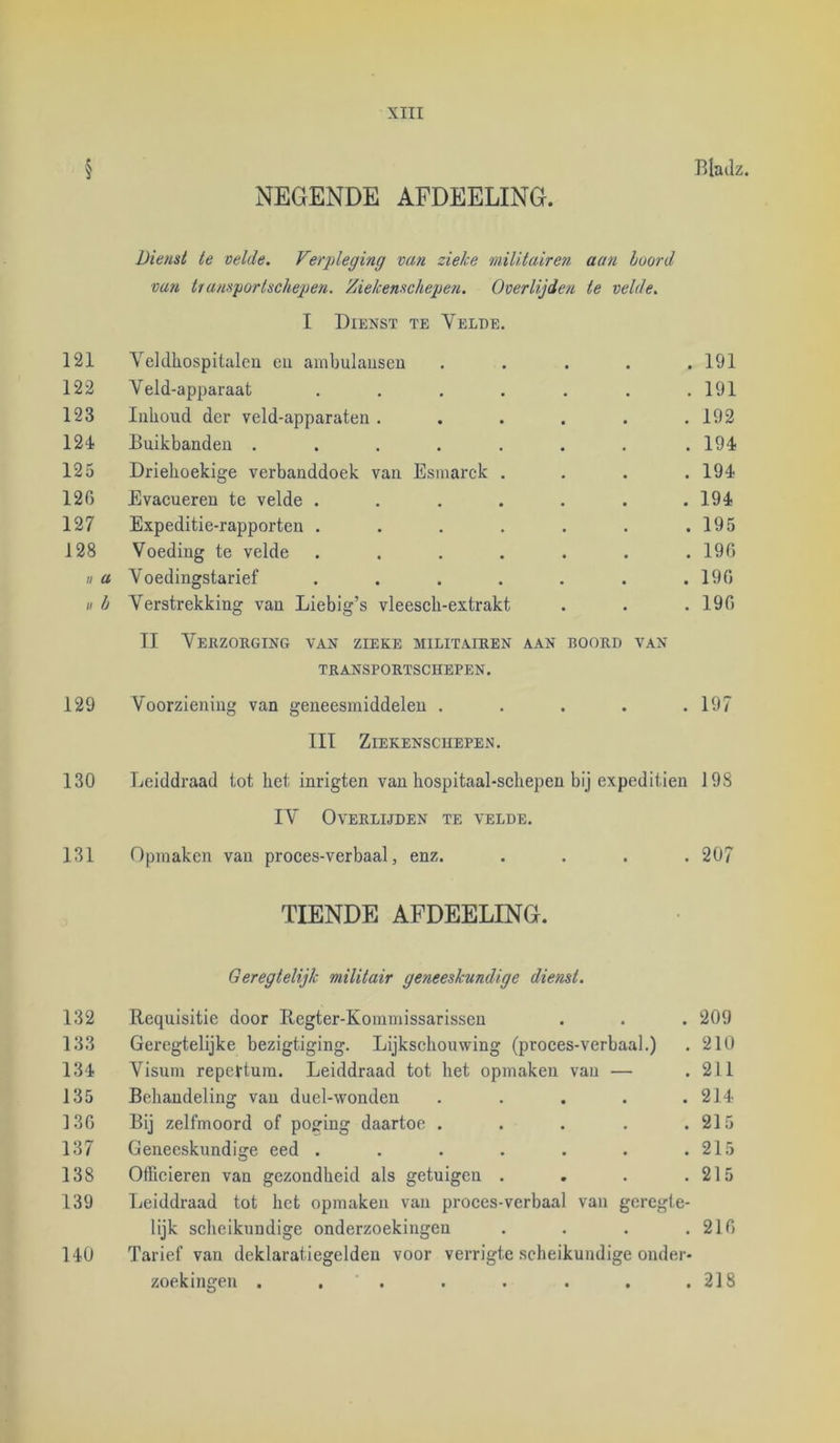 § Bladz. NEGENDE AFDEELING. Dienst te velde. Verpleging van zieke militairen aan luord van transportschepen. Ziekenschepen. Overlijden te velde. I Dienst te Velde. 121 Veldhospitalen en ambulauseu . 191 122 Veld-apparaat .... . 191 123 Inhoud der veld-apparaten . . 192 124 Buikbanden ..... . 194 125 Driehoekige verbanddoek van Esmarck . . 194 120 Evacueren te velde .... . 194 127 Expeditie-rapporten .... . 195 128 Voeding te velde .... . 190 II a Voedingstarief .... . 190 II h Verstrekking van Liebig’s vleesch-extrakt . 190 TI Verzorging van zieke militairen aan boord van TRANSPORTSCHEPEN. 129 Voorziening van geneesmiddelen . . . . .197 III ZiEKENSCIIEPEN. 130 Leiddraad tot het inrigten van hospitaal-sehepen bij expediiien 19S IV Overlijden te velde. 131 Opmaken van proces-verbaal, enz. . . . .207 TIENDE AFDEELING. G er egtelijk militair geneeskundige dienst. 132 Requisitie door Regter-Kommissarissen . . . 209 133 Geregtelijke bezigtiging. Lijkscliouwing (proces-verbaal.) . 210 134 Visum repertum. Leiddraad tot het opmaken van — .211 135 Behandeling van duel-wonden . . . . .214 13G Bij zelfmoord of poging daartoe . . . . .215 137 Geneeskundige eed . . . . . . .215 138 Otlicieren van gezondheid als getuigen . . . .215 139 Leiddraad tot het opmaken van proces-verbaal van gcregte- lijk scheikundige onderzoekingen . . . .210 140 Tarief van deklaratiegeldeu voor verrigte scheikundige onder- zoekingen . . . . . . . .218