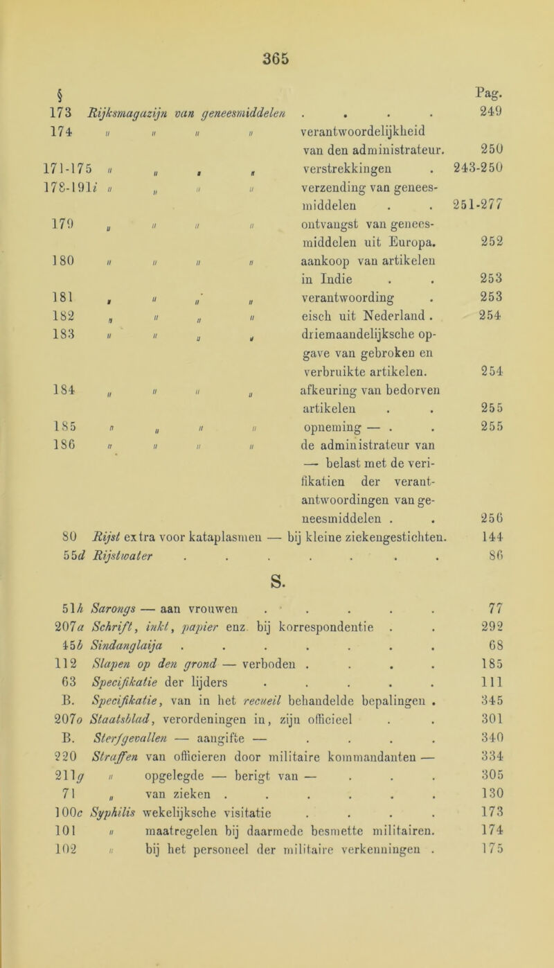 § Pag. 173 Rijkmagazijn van geneesmiddelen .... 249 174 H II II verantwoordelijkheid van den administrateur. 250 171-175 II U ff ff verstrekkingen 243-250 178-191/ II U II tl verzending van genees- middelen 251-277 179 II II II ontvangst van genees- middelen uit Europa. 252 180 II II II aankoop van artikelen in Indie 253 181 II II II verantwoording 253 182 II II II eisch uit Nederland . 254 183 II u ff driemaandelijksche op- gave van gebroken en verbruikte artikelen. 254 184 II II Ü afkeuring van bedorven artikelen 255 185 n II II II opneming — . 255 ISO II II II de administrateur van — belast met de veri- likatien der verant- antwoordingen van ge- neesmiddelen . 250 8U Rijst extra voor kataplasmeii — bij kleine ziekengestichteu. 144 55«/ Rijst water ..... . . 8fi s. h\h Sarongs — aan vrouwen . . . . . 77 207öt Schrift, hikt, papier enz, bij korrespondentie . . 292 45^ Sindanglaija . . . . . . . 08 112 Slapen op den grond — verboden . . . . 185 03 Specifikatie der lijders . . . . . 111 B. Specifikatie, van in het recneil behandelde bepalingen , 345 207o Staatsblad, verordeningen in, zijn officieel . . 301 B. Sterfgevallen — aangifte — .... 340 220 Straffen van officieren door militaire koinmandanten — 334 211^ II opgelegde — berigt van — ... 305 71 „ van zieken . . . . . . 130 100c Sgphilis wekelijksche visitatie .... 173 101 u maatregelen bij daarmede besmette militairen. 174 102 II bij het personeel der militaire verkenningen . 175