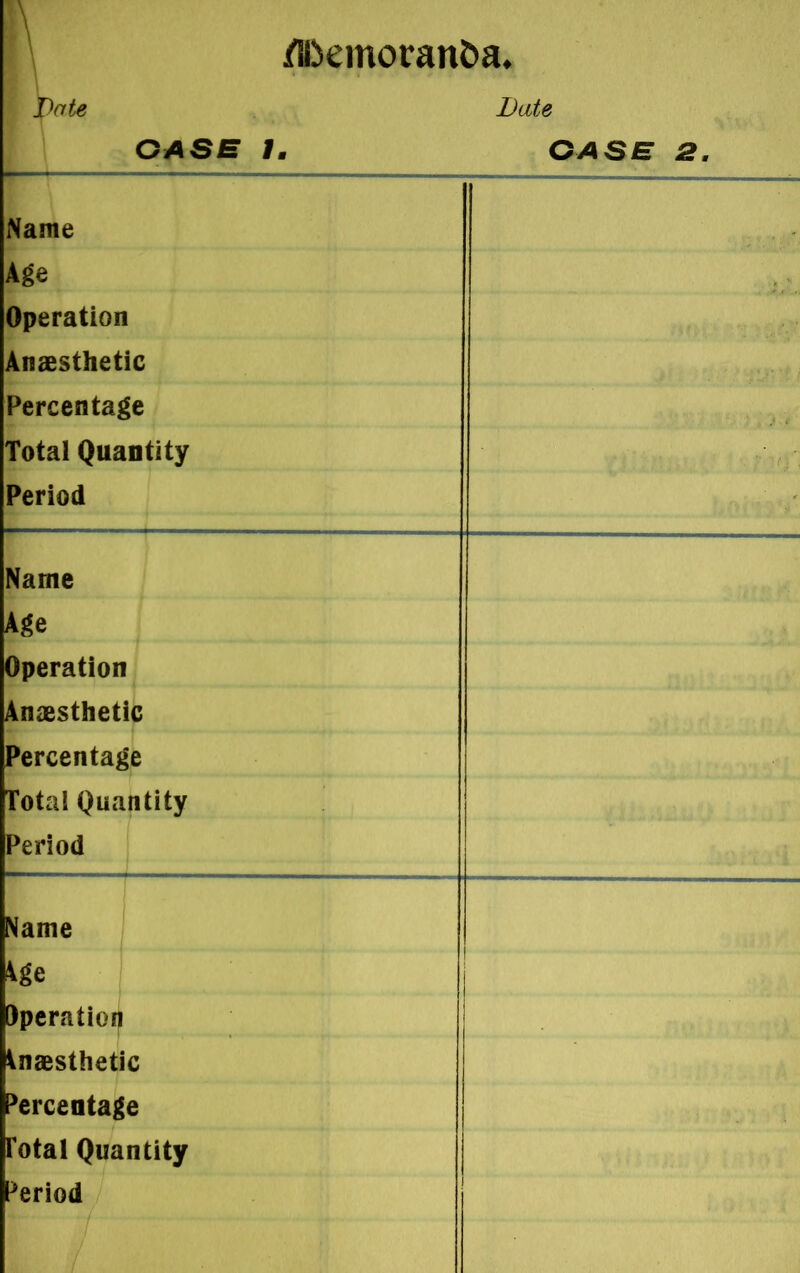 Date CASE |. GASE 2 Name Age Operation Anaesthetic Percentage Total Quantity Period Name Age Operation Anaesthetic Percentage Total Quantity Period Name Me Operation Anaesthetic Percentage Total Quantity