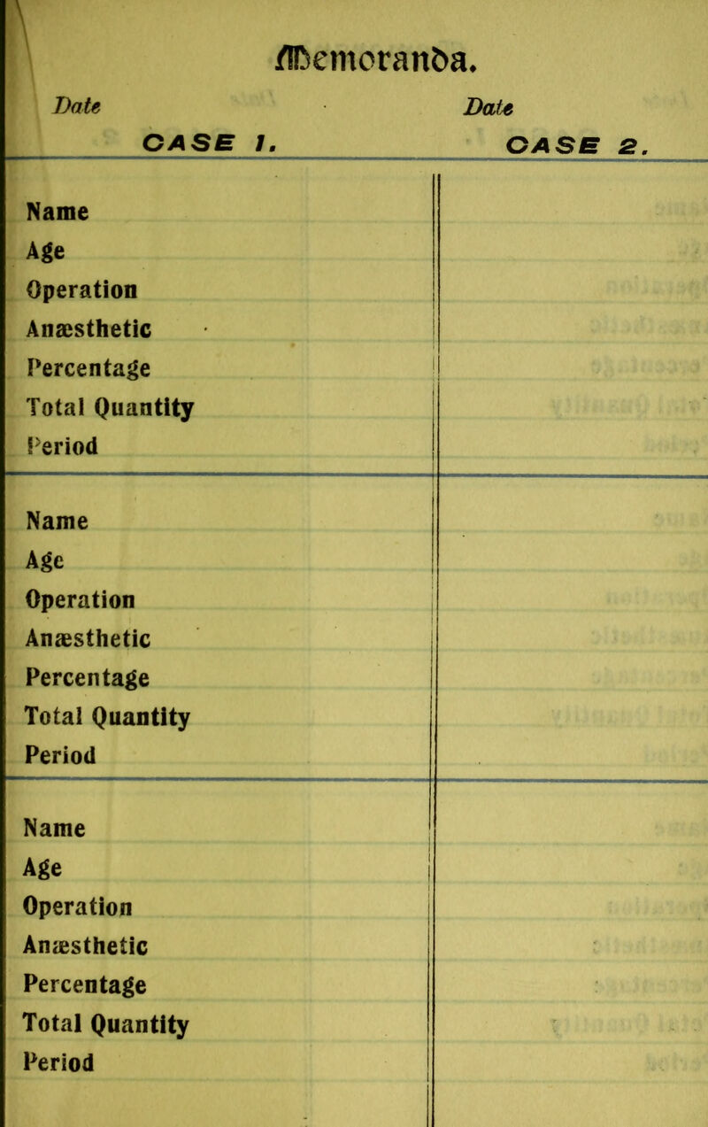 Date Date CASE 1. CASE 2. Name Age Operation Anaesthetic Percentage Total Quantity Period Name Age Operation Anesthetic Percentage Total Quantity Period Name Age Operation Anesthetic Percentage Total Quantity