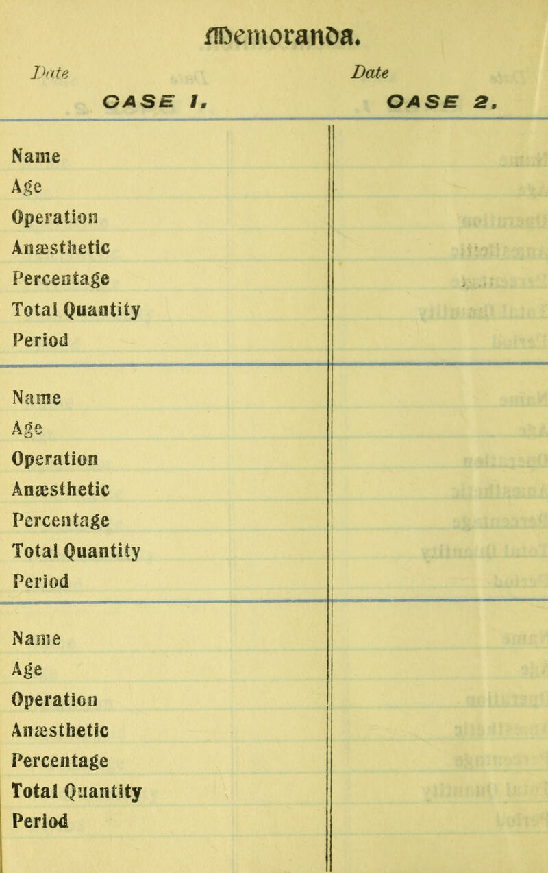 Date Date GASE /. GASE 2. Name Age Operation Anaesthetic Percentage Total Quantity Period Name Age Operation Anaesthetic Percentage Total Quantity Period Name Age Operation Anesthetic Percentage Total Quantity