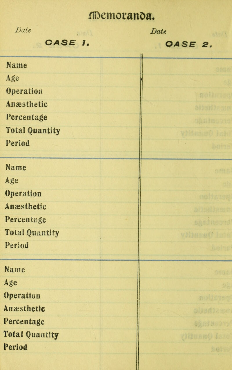 flBemoranoa* Bate Date OASE 7. OASE 2. Name Age Operation Anaesthetic Percentage Total Quantity Period Name Age Operation Anaesthetic Percentage Total Quantity Period Name Age Operation Anaesthetic Percentage Total Quantity