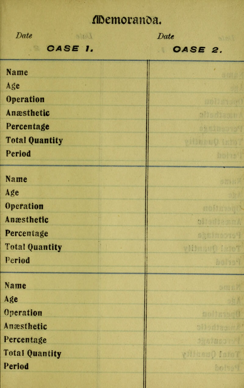 Date Bate CASE I. CASE 2. Name Age Operation Anaesthetic Percentage Total Quantity Period Name Age Operation Anaesthetic Percentage Total Quantity Period Name Age Operation Anaesthetic Percentage Total Quantity