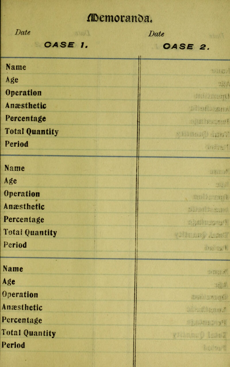 Date Date GASE 7. OASB 2. Name Age Operation .•-tO Anaesthetic ■lit': X Percentage - - ; Total Quantity ' msoV Period Name Age Operation •• !V? Anaesthetic Percentage Total Quantity Period > 5 Name Age Operation Anaesthetic . . . # Percentage Total Quantity