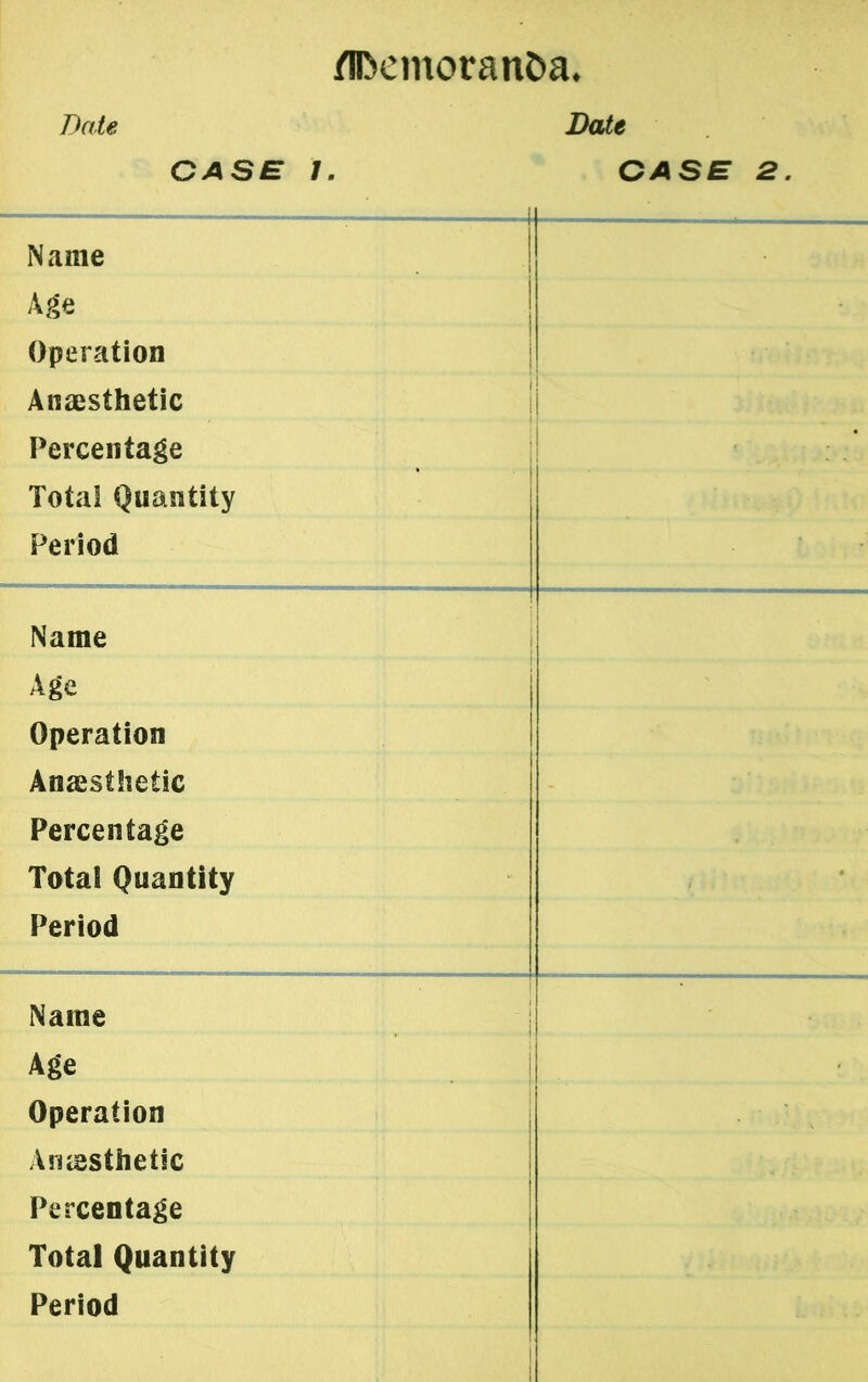 Date Date CASE 1. CASE 2. Name Age Operation Anaesthetic Percentage Total Quantity Period Name Age Operation Anaesthetic Percentage Total Quantity Period Name Age Operation Anaesthetic Percentage Total Quantity