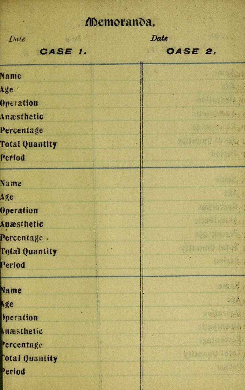 Date Date OASE 7. OASE 2. Name Age Operation Anaesthetic Percentage Total Quantity Period Name Age Operation Anaesthetic Percentage . Total Quantity Period <ame ^ge )peration ui aesthetic Percentage 'otal Quantity