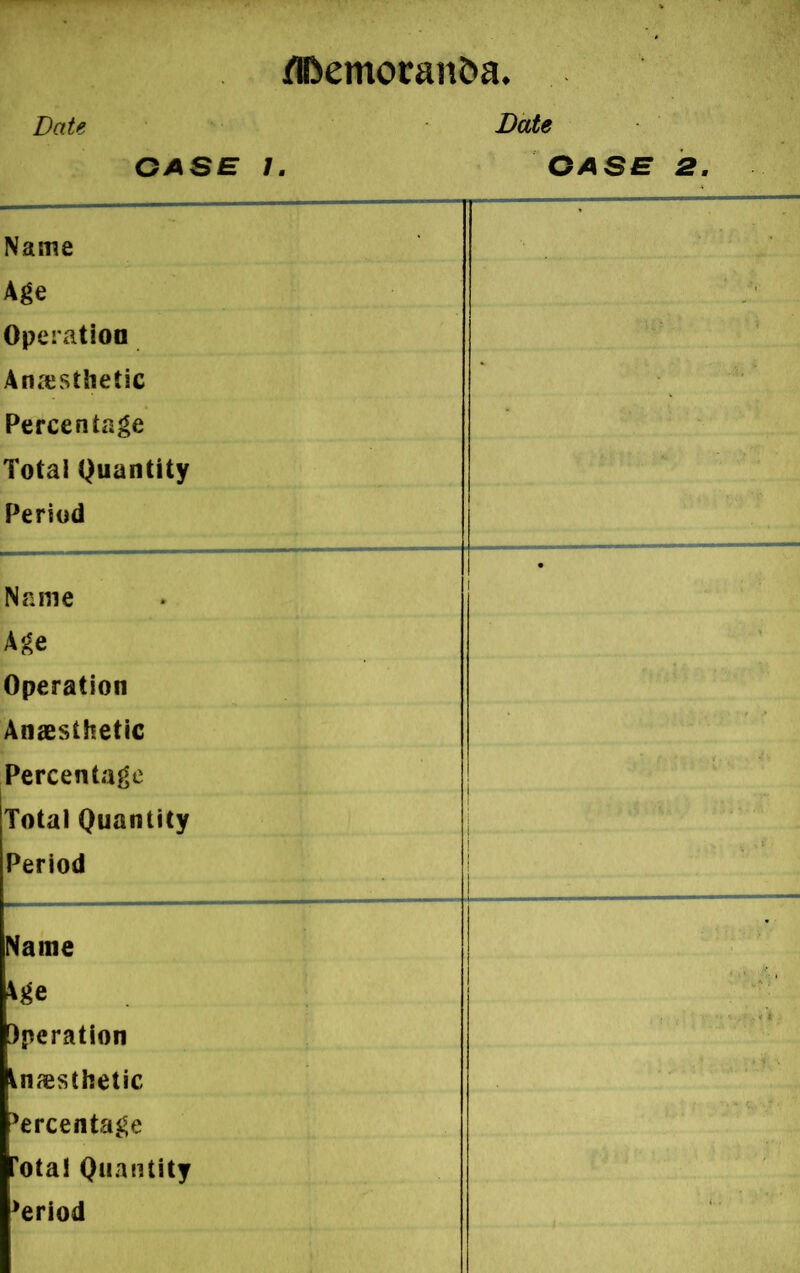 Date Date GASE 7. GASE 2. Name Age Operation Anesthetic Percentage Total Quantity Period Name Age Operation Anesthetic Percentage Total Quantity Period Name \ge )peration Anesthetic ^rcentage Total Quantity ^riod