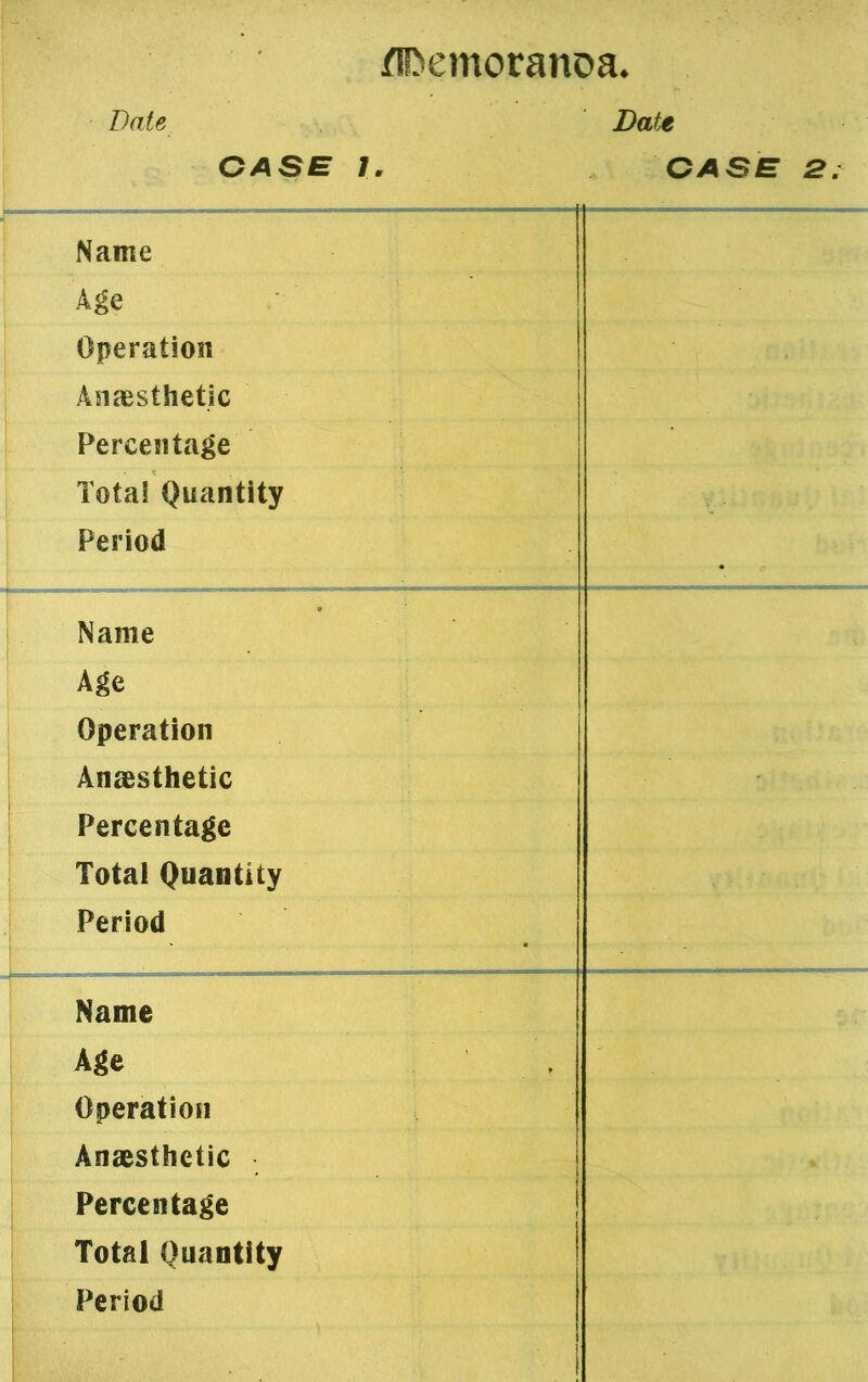 Date Date CASE 7. CASE 2; Name Age Operation Anaesthetic Percentage Iota! Quantity Period Name Age Operation Anaesthetic Percentage Total Quantity Period Name Age Operation Anaesthetic Percentage Total Quantity