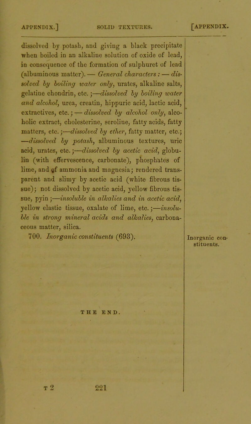 dissolved by potash, and giving a black precipitate when boiled in an alkaline solution of oxide of lead, in consequence of the formation of sulpkuret of lead (albuminous matter). — General characters: — dis- solved by boiling icater only, urates, alkaline salts, gelatine chondrin, etc.;—dissolved by boiling water and alcohol, urea, ereatin, kippuric acid, lactic acid, extractives, etc.; — dissolved by alcohol only, alco- holic extract, ckolesterine, seroline, fatty acids, fatty matters, etc.;—dissolved by ether, fatty matter, etc.; —dissolved by potash, albuminous textures, uric acid, urates, etc.;—dissolved by acetic acid, globu- lin (with effervescence, carbonate), phosphates of lime, and gf ammonia and magnesia; rendered trans- parent and slimy by acetic acid (white fibrous tis- sue); not dissolved by acetic acid, yellow fibrous tis- sue, pyin ;—insoluble in alkalies and in acetic acid, yellow elastic tissue, oxalate of lime, etc.;—insolu- ble in strong mineral acids and alkalies, carbona- ceous matter, silica. 700. Inorganic constituents (693). THE END. T 2 221 Inorganic con- stituents.