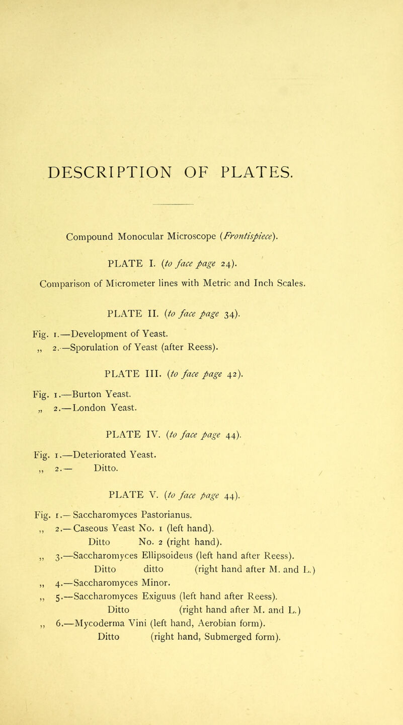 DESCRIPTION OF PLATES. Compound Monocular Microscope (.Frontispiece). PLATE I. (to face page 24). Comparison of Micrometer lines with Metric and Inch Scales. PLATE II. (to face page 34). Fig. 1.—Development of Yeast. „ 2.—Sporulation of Yeast (after Reess). PLATE III. (to face page 42). Fig. 1.—Burton Yeast. „ 2.—London Yeast. PLATE IV. (to face page 44). Fig. 1.—Deteriorated Yeast. ,, 2.— Ditto. PLATE V. (to face page 44). Fig. i.—Saccharomyces Pastorianus. ,, 2.— Caseous Yeast No. 1 (left hand). Ditto No. 2 (right hand). ■„ 3.—Saccharomyces Ellipsoideus (left hand after Reess). Ditto ditto (right hand after M. and L.) ,, 4.—Saccharomyces Minor. ,, 5.—Saccharomyces Exiguus (left hand after Reess). Ditto (right hand after M. and L.) ,, 6.—Mycoderma Vini (left hand, Aerobian form). Ditto (right hand, Submerged form).