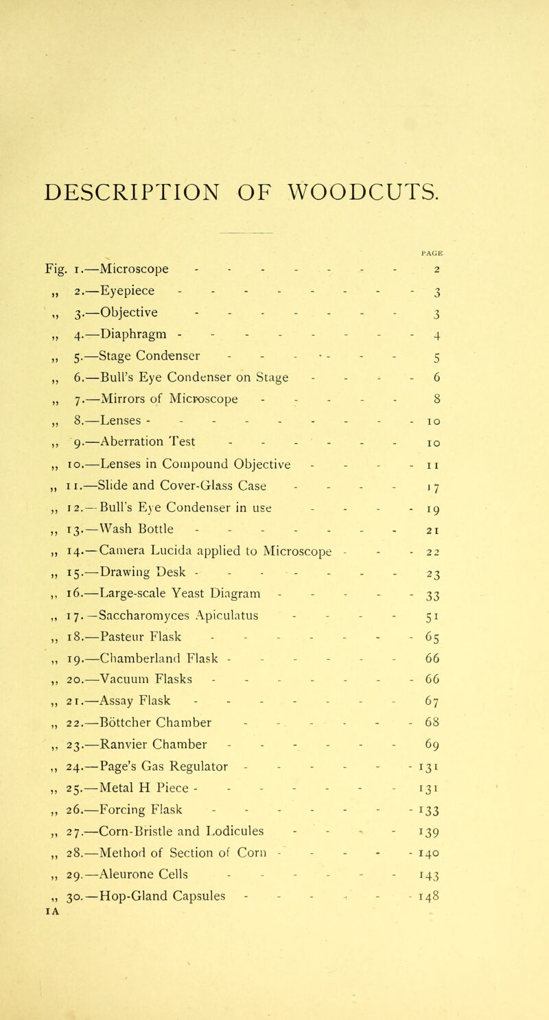 PAGE Fig. i.—Microscope ------- 2 „ 2.—Eyepiece -------- 3 „ 3.—Objective - - 3 „ 4.—Diaphragm - - ------ 4 „ 5.—Stage Condenser - - - - - 5 „ 6.—Bull’s Eye Condenser on Stage 6 „ 7.—Mirrors of Microscope ----- 8 „ 8.—Lenses - - - - 10 „ 9.—Aberration Test 10 ,, to.—Lenses in Compound Objective - - - - 11 ,, 11.—Slide and Cover-Glass Case - - - - 17 „ 12.—Bull’s Eye Condenser in use - - - - 19 „ 13.—Wash Bottle - - - - - - - 21 „ 14.—Camera Lucida applied to Microscope - - - 22 „ 15.—Drawing Desk - - - - 23 ,, 16.—Large-scale Yeast Diagram - - - - - 33 ,, 17. —Saccharomyces Apiculatus - - - - 51 ,, 18.—Pasteur Flask ------- 65 ,, 19.—Chamberland Flask ----- 66 ,, 20.—Vacuum Flasks - - - - - - 66 ,, 21.—Assay Flask - - - - - - - 67 „ 22.—Bottcher Chamber - - - - - 68 ,, 23.—Ranvier Chamber ------ 69 ,, 24.—Page’s Gas Regulator - - - - - - 131 ,, 25.—Metal H Piece • 131 „ 26.—Forcing Flask ------- 133 „ 27.—Corn-Bristle and Lodicules - - - - 139 „ 28.—Method of Section of Corn ----- 140 „ 29.—Aleurone Cells ----- 143 „ 30.—Hop-Gland Capsules ------ 148 IA