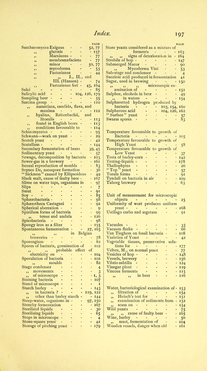 Saccharomyces Exiguus glutinis Sake Salicylic acid Marxianus - membransefaciens minor mycoderma Pastorianus „ I., II., and III. (Hansen) - - 74 Pastorianus fret - 45, 164 85 104, 126, 179 PAGE 52, 77 - i57 - 77 • 77 50, 77 53 44 Store yeasts considered as a mixture of ferments - 163 signs of deterioration in - 164 Sampling beer - Sarcina group ,, aurantiaca, Candida, flava, and maxima .... Strobile of hop Submerged Mucor ,, Mycoderma Vini Sub-stage and condenser - Succinic acid produced in fermentation 41 Sugar, used in brewing - - - 15P ,, ,, ,, microscopic ex- amination of - - - - 151 Sulphur, alcohols in beer - - - 49 ,, in waters - - - - 154 Sulphuretted hydrogen produced by bacteria - - - 103, 154, 160 Sulphurous acid - - 104, 126, 162 147 90 53 4 ,, hyalina, Reitenbachii, and “Surface” yeast 57 litoralis - - - - 113 Swarm spores - 83 ,, found in English beers - ,, conditions favourable to Schizomycetes i*3 114 95 Temperature favourable to growth of Schwann—work on yeast - 29 Bacteria - - - - - !°5 Scotch yeast 42 Temperature favourable to growth of Scutellum 144 High Yeast 58 Secondary fermentation of beers 39, 45 Temperature favourable to growth of Sedimentary yeast .... 57 Low Yeast 37 Sewage, decomposition by bacteria - 103 Testa of barley-corn - 142 Sewer-gas in a brewery 161 Testing-liquids - 178 Sexual reproduction of moulds - 83 Thallophytes - “ Top ” yeast .... 26 Seynes De, ascospore formation “Sickness” caused by Ellipsoideus - 36 57 49 Torula forms - 9i Slack malt, cause of faulty beer - 167 Tyndall on bacteria in air 109 Slime on water taps, organisms in 97 Tuborg brewery 63 Slips Smut Soy 7 9i 85 Unit of measurement for microscopic Sphgerobacteria 98 objects .... - 25 Sphaerotheca Castagnei 92 Uniformity of wort produces uniform Spherical aberration - - - - 9 yeast 168 Spirillum forms of bacteria 99 Ustilago carbo and segetum 9i ,, tenue and undula Spirobacteria Spongy iron as a filter 126 98 *55 Vacuoles 33 Spontaneous fermentation - 27, ,, ,, in Belgian 165 Vacuum flasks - - - - - 66 Van Tieghem on fossil bacteria - 108 breweries 78 Varieties of Yeast 42 Sporangium - - 82 Vegetable tissues, preservative solu- Spores of bacteria, germination of 102 tions for 177 ,, ,, probable effect electricity on of Velten, M., on normal yeast 77 104 Vesicles of hop - 148 Sporulation of bacteria 102 Vessels, brewery - 156 ,, moulds Stage condenser 82 Vibrio subtilis - 124 4 Vinegar plant - - - - 119 ,, movements 3 Viscous ferments - 115 ,, of microscope - Staining bacteria Stand of microscope - 1, 3 107 ,, ,, in beer 116 Starch barley - M3 Water, bacteriological examination of - 153 ,, in bacteria ? - - - l 119, 122 ,, filtration of i54 ,, other than barley starch - 144 ,, Heisch’s test for 151 Steep-water, organisms in - 97, 150 ,, examination of sediments from - 152 Stenchy fermentation 167 ,, scum on 154 Sterilized liquids 30 Wild yeasts 75 Sterilizing liquids 65 ,, ,, cause of faulty beer - Wine, barley 165 Stops in microscope - 4 50 Stone-square yeast' - 42 ,, must, fermentation of 104 Storage of pitching yeast - 179 Wooden vessels, danger when old 161