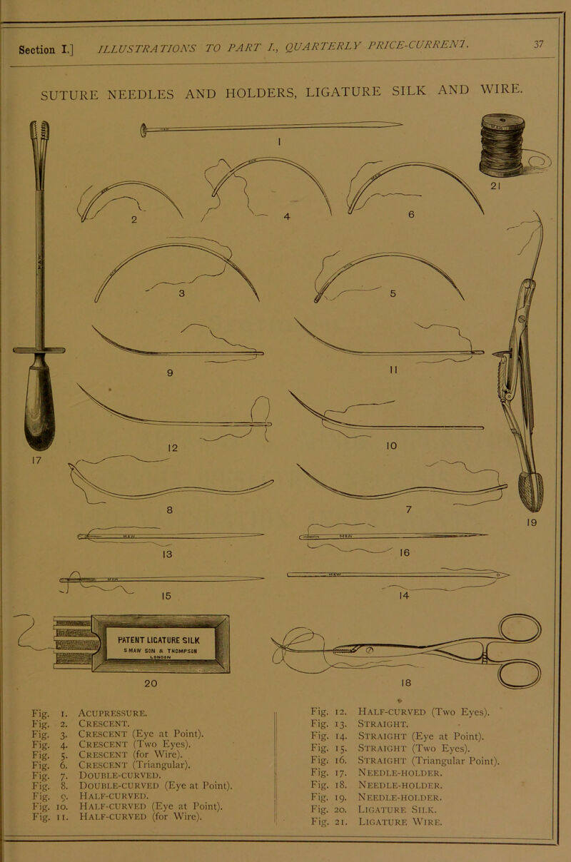 SUTURE NEEDLES AND HOLDERS, LIGATURE SILK AND WIRE. Fig. I. Fig. 2. Fig. 3- Fig. 4. Fig. 5- Fig. 6. Fig. 7- Fig. 8. Fig. 9- Fig. 10. Fig. II. Acupressure. Crescent. Crescent (Eye at Point). Crescent (Two liyes). Crescent (for Wire). Crescent (Triangular). Double-curved. Double-curved (Eye at Point). Half-curved. Half-curved (Eye at Point). Half-curved (for Wire). Fig. 12. Half-curved (Two Eyes). Fig. 13- Straight. Fig. 14. Straight (Eye at Point). Fig. U- Straight (Two Eyes). Fig; 16. Straight (Triangular Point). Fig. 17. Needle-holder. Fig. 18. Needle-holder. Fig. 19. N eedle-holder. Fig. 20. Ligature Silk.