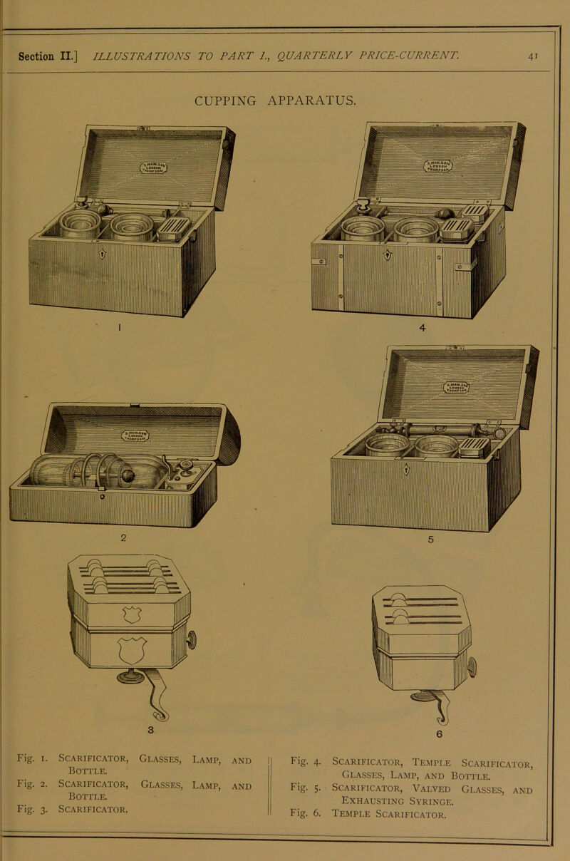 CUPPING APPARATUS. Fig. I. Scarificator, Glasses, Lamp, and Bottle. Fig. 2. Scarificator, Glasses, Lamp, and Bottle. Fig. 3- Scarificator. Fig. 4. Scarificator, Temple Scarificator, Glasses, Lamp, and Bottle. Fig. 5. Scarificator, Valved Glasses, and Exhausting Syringe.