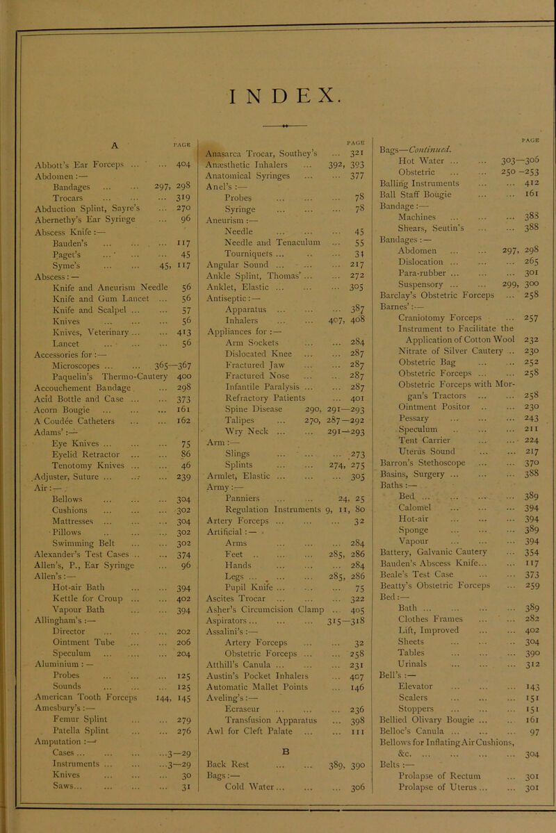 INDEX. A I'AGE PAGE Anasarca Trocar, Southey’s ... 321 Abbott’s Ear Forceps ... ... 404 Amesthetic Inhalers 392, 393 Abdomen :— Anatomical Syringes • 377 Bandages 297, 298 Anel’s :— T rocars • •• 319 Probes ... 78 Abduction Splint, Sayre’s ... 270 Syringe ... 78 Abernethy’s Ear Syringe ... 96 Aneurism :— Abscess Knife;— Needle • 45 Bauden’s ... 117 Needle and Tenaculum • 55 Paget’s ... ' ... 45 Tourniquets ... • 31 Syme’s 45. 11-7 Angular Sound ... ... 217 Abscess: — Ankle Splint, Thomas’ ... ... 272 Knife and Aneurism Needle 56 Anklet, Elastic ... • •• 305 Knife and Gum Lancet ... 56 Antiseptic: — ... 387 Knife and Scalpel ... 57 Apparatus Knives ... 56 Inhalers 407, 408 Knives, Veterinary ... ... 413 Appliances for :— Lancet ... - ... 56 Arm Sockets ... 284 Accessories for :—• Di.slocated Knee ... 287 Microscopes 365—367 Fractured Jaw ... 287 Paquelin’s Thermo-Cautery 400 Fractured Nose 287 Accouchement Bandage ... 298 Infantile Paralysis ... ... 287 Acid Bottle and Case ... 373 Refractory Patients ... 401 Acorn Bougie ... 161 Spine Disease 290, 291—293 A Coudee Catheters ... 162 Talipes ... 270, 2S7—292 Adams’ Wry Neck 291-^293 Eye Knives ... - 75 Arm;— Eyelid Retractor ... 86 Slings ... ■ ... .273 Tenotomy Knives ... ... 46 Splints 274, 275 Adjuster, Suture ... • •• 239 Armlet, Elastic ... ••• 305 Air:— , Army:— Bellows ... 304 Panniers 24> 25 Cushions ... 302 Regulation Instruments 9, ii, 80 Mattresses ... 304 Artery Forceps ... ... 32 ■Pillows 302 Artificial :— ■ Swimming Belt ... 302 Arms ... 284 Alexander’s Test Cases .. 374 Feet 285, 286 Allen’s, P., Ear Syringe ... 96 Hands ... 284 Allen’s: — Legs ... ^ 285, 286 Hot-air Bath ••• 394 Pupil Knife ... ••• 75 Kettle for Croup ... ... 402 Ascites Trocar ... 322 Vapour Bath 394 Asher’s Circumcision Clamp ... 405 Allingham’s :— Aspirators... 315—318 Director ... 202 Assalini’s :— Ointment Tube ... 206 Artery P'orceps ... 32 Speculum ... 204 Obstetric Forceps ... ... 258 Aluminium : — Atthill’s Canula ... ... 231 Probes ... 125 Austin’s Pocket Inhaleis ... 407 Sounds ... 125 Automatic Mallet Points ... 146 American Tooth Forceps 144. 145 Aveling’s:— Amcsbury’s:— Ecraseur ... 236 Femur Splint ... 279 Transfusion Apparatus ... 398 Patella Splint ... 276 Awl for Cleft Palate ... Ill Amputation ' Cases ... ...3-29 B Instruments ... •••3—29 Back Rest 389, 390 Knives ... 30 Bags:— Saws... • 31 Cold Water... ... 306 r.\GE Bags—Continued. Hot Water 303—306 Obstetric 250 -253 Balling Instruments ... ... 412 Ball Staff Bougie ... ... 161 Bandage:— Machines ... ... ... 3^^ Shears, Seutin’s ... ... 388 Bandages : — Abdomen ... ... 297, 298 Dislocation ... ... ... 265 Para-rubber ... ... ... 3°i Suspensory ... ... 299, 300 Barclay’s Obstetric Forceps ... 258 Barnes’:— Craniotomy Forceps ... 257 Instrument to Facilitate the Application of Colton Wool 232 Nitrate of Silver Cautery .. 230 Obstetric Bag ... ... 252 Obstetric Forceps ... ... 258 Obstetric Forceps with Mor- gan’s Tractors ... ... 258 Ointment Positor .. ... 230 Pessary ... ... ... 243 Speculum .. ... ... 211 Tent Carrier ... ...• 224 Uterus Sound 217 Barron’s Stethoscope 370 Basins, Surgery ... ... ... 388 Baths :— Bed 389 Calomel ... ... ... 394 Hot-air ... ... ... 394 Sponge ... ... ... 389 Vapour ... ... ... 394 Battery, Galvanic Cautery ... 354 Bauden’s Abscess Knife... ... 117 Beale’s Test Case ... ... 373 Beatty’s Obsletric Forceps ... 259 Bed Bath 389 Clothes Frames ... ' ... 282 Lift, Improved ... ... 402 Sheets ... ... .. 304 Tables ... ... ... 390 Urinals ... ... ... 312 Bell’s Elevator ... ... ... 143 Scalers ... ... ... 151 Stoppers ... ... ... 151 Bellied Olivary Bougie ... .. 161 Belloc’s Canula ... ... ... 97 Bellows for InflatingAirCushions, &c 304 Belts :— Prolapse of Rectum ... 301 Prolapse of Uterus ... ... 301