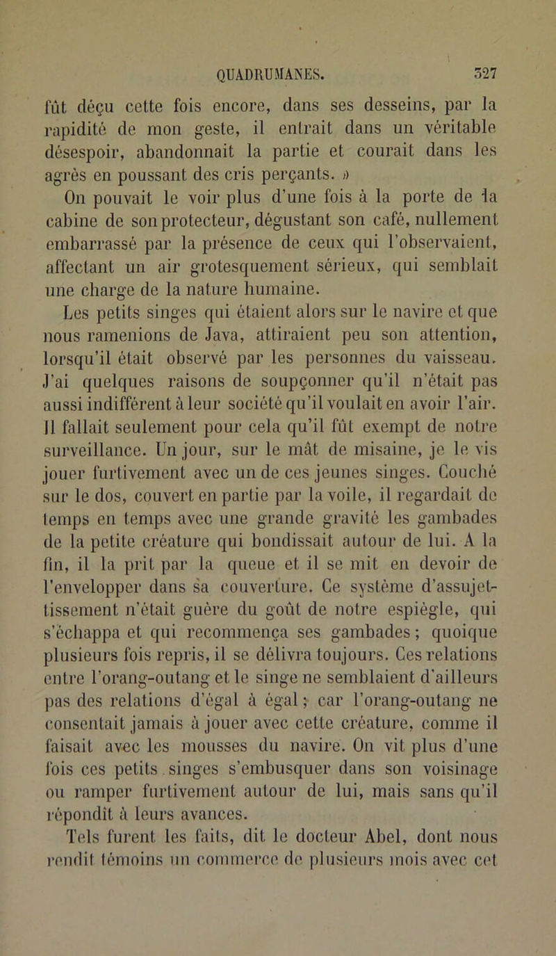 fût déçu cette fois encore, dans ses desseins, par la rapidité de mon geste, il entrait dans un véritable désespoir, abandonnait la partie et courait dans les agrès en poussant des cris perçants, o On pouvait le voir plus d’une fois à la porte de la cabine de son protecteur, dégustant son café, nullement embarrassé par la présence de ceux qui l’observaient, affectant un air grotesquement sérieux, qui semblait une charge de la nature humaine. Les petits singes qui étaient alors sur le navire et que nous ramenions de Java, attiraient peu son attention, lorsqu’il était observé par les personnes du vaisseau. J’ai quelques raisons de soupçonner qu’il n’était pas aussi indifférent à leur société qu’il voulait en avoir l’air. 11 fallait seulement pour cela qu’il fût exempt de notre surveillance. Un jour, sur le mât de misaine, je le vis jouer furtivement avec un de ces jeunes singes. Couché sur le dos, couvert en partie par la voile, il regardait de temps en temps avec une grande gravité les gambades de la petite créature qui bondissait autour de lui. A la fin, il la prit par la queue et il se mit en devoir de l’envelopper dans sa couverture. Ce système d’assujet- tissement n’était guère du goût de notre espiègle, qui s’échappa et qui recommença ses gambades ; quoique plusieurs fois repris, il se délivra toujours. Ces relations entre l’orang-outang et le singe ne semblaient d’ailleurs pas des relations d’égal à égal ; car l’orang-outang ne (consentait jamais à jouer avec cette créature, comme il faisait avec les mousses du navire. On vit plus d’une fois ces petits. singes s’embusquer dans son voisinage ou ramper furtivement autour de lui, mais sans qu’il répondit â leurs avances. Tels furent les faits, dit le docteur Abel, dont nous rendil témoins un coimnerce de plusieurs mois avec cet
