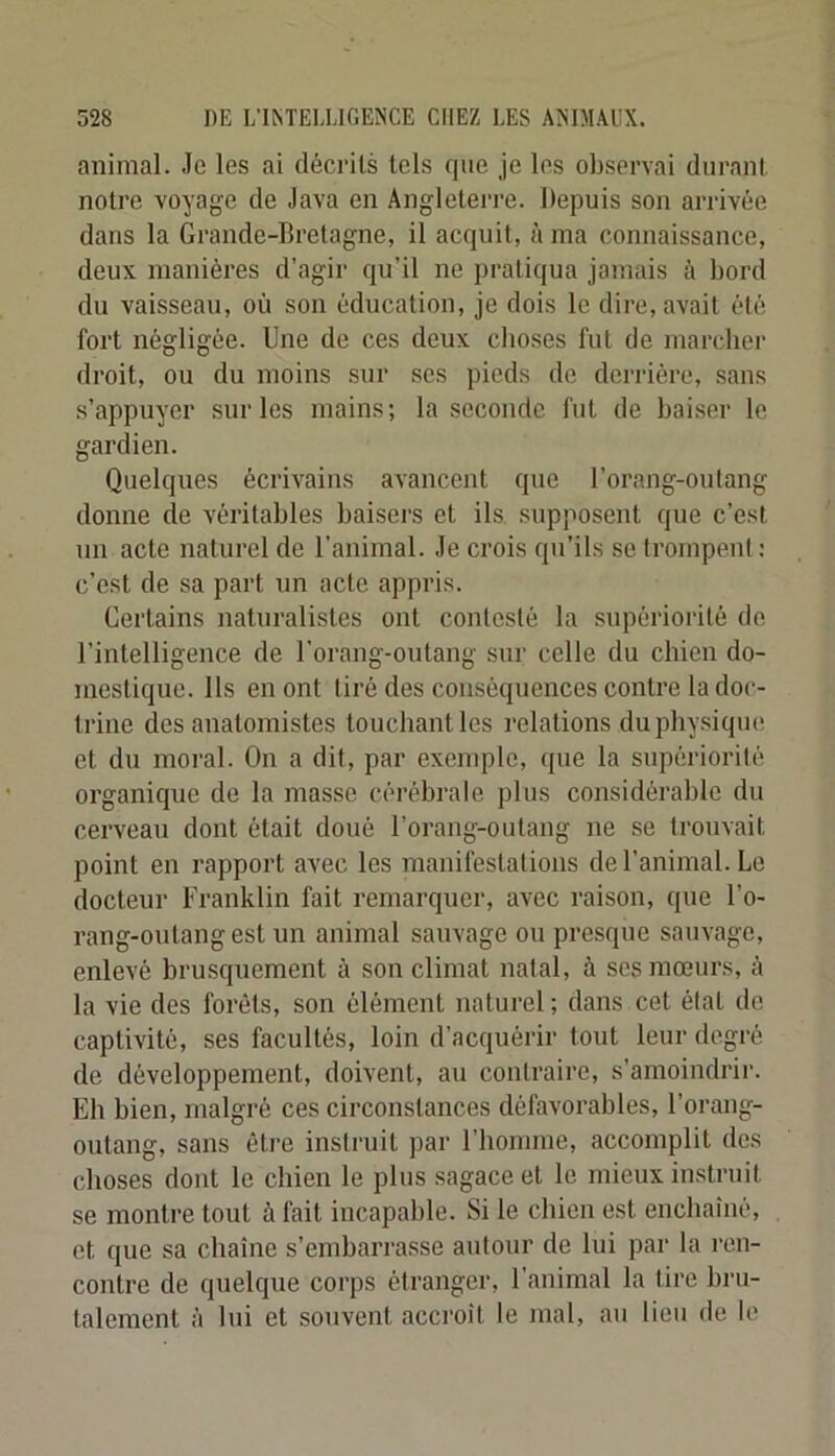 animal, .le les ai décrits tels que je les observai durant notre voyage de Java en Angleterre. Depuis son arrivée dans la Grande-Bretagne, il acquit, à ma connaissance, deux manières d’agir qu’il ne pratiqua jamais à bord du vaisseau, où son éducation, je dois le dire, avait été fort négligée. Une de ces deux choses fut de niarcber droit, ou du moins sur ses pieds de derrière, sans s’appuyer sur les mains; la seconde fut de baiser le gardien. Quelques écrivains avancent que l’orang-outang donne de véritables baisers et ils. supposent que c’est un acte naturel de l’animal. Je crois qu’ils se trompent : c’est de sa part un acte appris. Certains naturalistes ont contesté la supériorité de l’intelligence de l'orang-outang sur celle du chien do- mestique. Ils en ont tiré des conséquences contre la doc- trine des anatomistes touchant les relations du physique et du moral. On a dit, par exemple, que la supériorité organique de la masse cérébrale plus considérable du cerveau dont était doué l’orang-outang ne se trouvait point en rapport avec les manifestations de l’animal. Le docteur Franklin fait remarquer, avec raison, que l’o- rang-outang est un animal sauvage ou presque sauvage, enlevé brusquement à son climat natal, à ses mœurs, à la vie des forêts, son élément naturel ; dans cet état de captivité, ses facultés, loin d’acquérir tout leur degré de développement, doivent, au contraire, s’amoindrir. Eh bien, malgré ces circonstances défavorables, l’orang- outang, sans être instruit par riiomme, accomplit des choses dont le chien le plus .sagace et le mieux instruit se montre tout à fait incapable. Si le chien est enchaîné, et que sa chaîne s’endjarrasse autour de lui par la ren- contre de quelque corps étranger, l’animal la tire bru- talement à lui et souvent accroît le mal, au lieu de le