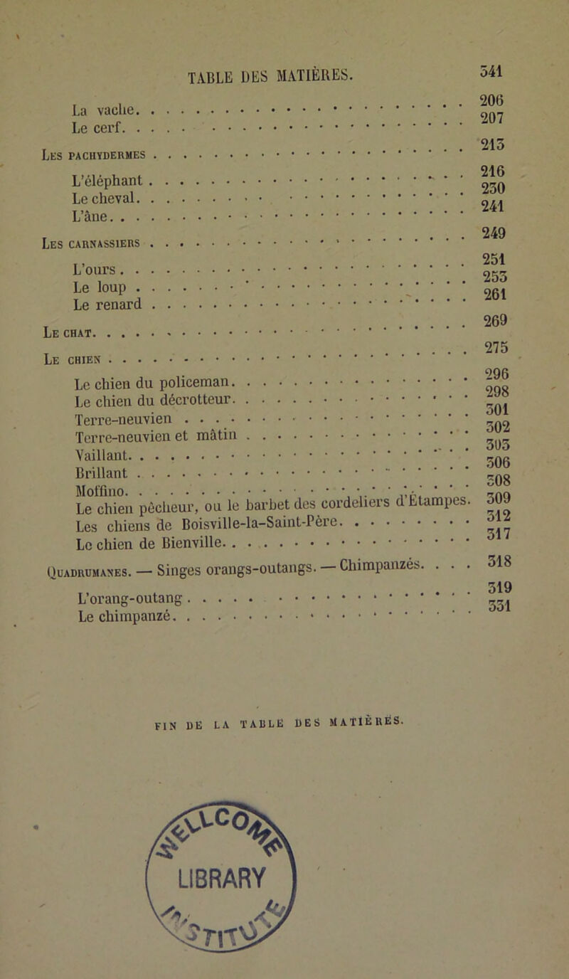 La vaclic Le cerf. 206 207 Lks pachydermes 213 L’éléphant Le cheval. L’âne. . . Les carnassiers L’ours Le loup ■ ’ Le renard Le chat Le chien Le chien du policeman Le chien du décrotteur Terre-neuvien Tcrre-neuvien et mâtin Vaillant Brillant Le chien pécheur, ou le Barbet des cordeliers dEtampes. Les chiens de Boisville-la-Saiiit-Père Le chien de Bienville 216 230 241 249 251 253 261 269 275 296 298 501 302 31)5 .306 308 309 312 317 Quadrumanes. — Singes orangs-outangs. — Chimpanzés. L’orang-outang Le chimpanzé 318 319 331 FIN DE LA TABLE DES SIATlÈHÉS. LIBRARY