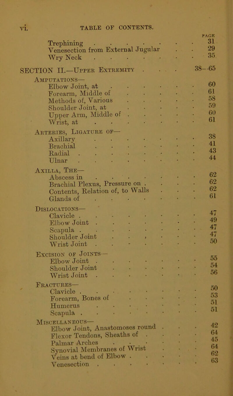 Trephining Venesection from External Jugular Wry Neck .... SECTION II.—Upper Extremity . Amputations— Elbow Joint, at Forearm, Middle of Methods of, Various Shoulder Joint, at Upper Arm, Middle of . Wrist, at .... Arteries, Ligature oe— Axillary . Brachial .... Radial . Ulnar Axilla, The— Abscess in • Brachial Plexus, Pressure on . Contents, Relation of, to Walls Glands of Dislocations— Clavicle . Elbow Joint . . • • Scapula Shoulder Joint . . , Wrist Joint . Excision of Joints— Elbow Joint . Shoulder Joint Wrist Joint . Fractures— Clavicle . Forearm, Bones of Humerus . Scapula . Miscellaneous— Elbow Joint, Anastomoses round Flexor Tendons, Sheaths of . Palmar Arches . • • Synovial Membranes of Wrist Veins at bend of Elbow . Venesection . PAGE 31 29 35 38—65 60 61 58 59 60 61 38 41 43 44 62 62 62 61 47 49 47 47 50 55 54 56 50 53 51 51 42 64 45 64 62 63