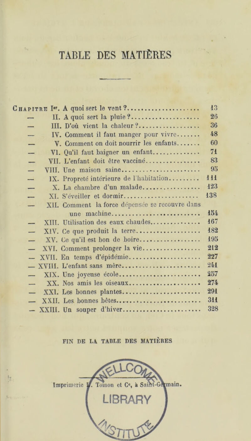 TABLE DES MATIÈRES Chapitre I*'. A quoi sert le vent? 13 — IL A quoi sert la pluie? 26 — III. D’où vient la chaleur? 36 — IV. Comment il faut manger pour vivre 48 — V. Comment on doit nourrir les enfants 60 — VI. Qu’il faut baigner un enfant 71 — VIL L’enfant doit être vacciné 83 — VIII. Une maison saine 9o — IX. Propreté intérieure de riiubitation H1 — X. La chambre d’un malade 123 — XL S’éveiller et dormir 138 — XII. Comment la force dépensée se recouvre dans une machine 154 — XIII. Utilisation des eaux chaudes 167 — XIV. Ce que produit la terre 182 — XV. Ce qu’il est bon de boire 195 — XVI. Comment prolonger la vie 212 — XVII. En temps d’épidémie 227 — XVIII. L’enfant sans mère 241 — XIX. Une joyeuse école 257 — XX. Nos amis les oiseaux 274 — XXL Les bonnes plantes 291 — XXII. Les bonnes bêtes. 311 — XXIII. Un souper d’hiver 328 FIN DE LA. TABLE DES MATIÈRES