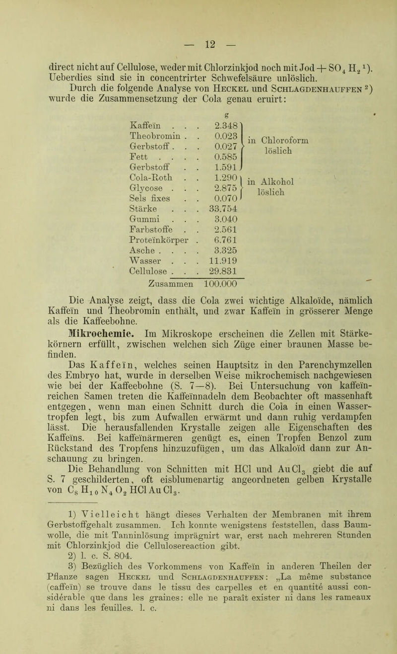 direct nicht auf Cellulose, weder mit Chlorzinkjod noch mit Jod + SO4 H./). Ueberdies sind sie in concentrirter Schwefelsäure unlöslich. Durch die folgende Analyse von Heckel und Schlagdenhauffen 1 2 3) wurde die Zusammensetzung der Cola genau eruirt: Kaffein g 2.348 Theobromin . 0.023 Gerbstoff. 0.027 Fett .... 0.585 Gerbstoff 1.591 Cola-Roth 1.290 Glycose . . . 2.875 Sels fixes . . 0.070 Stärke 33.754 Gummi 3.040 Farbstoffe 2.561 Proteinkörper . 6.761 Asche .... 3.325 Wasser . . . 11.919 Cellulose . 29.831 Zusammen 100.000 in Chloroform löslich in Alkohol löslich Die Analyse zeigt, dass die Cola zwei wichtige Alkaloide, nämlich Kaffein und Theobromin enthält, und zwar Kaffein in grösserer Menge als die Kaffeebohne. Mikrochemie. Im Mikroskope erscheinen die Zellen mit Stärke- körnern erfüllt, zwischen welchen sich Züge einer braunen Masse be- finden. Das Kaff ein, welches seinen Hauptsitz in den Parenchymzellen des Embryo hat, wurde in derselben Weise mikrochemisch nachgewiesen wie bei der Kaffeebohne (S. 7—8). Bei Untersuchung von kaffein- reichen Samen treten die Kaffein nadeln dem Beobachter oft massenhaft entgegen, wenn man einen Schnitt durch die Cola in einen Wasser- tropfen legt, bis zum Aufwallen erwärmt und dann ruhig verdampfen lässt. Die herausfallenden Krystalle zeigen alle Eigenschaften des Kaffeins. Bei kaffeinärmeren genügt es, einen Tropfen Benzol zum Rückstand des Tropfens hinzuzufügen, um das Alkaloid dann zur An- schauung zu bringen. Die Behandlung von Schnitten mit HCl und AuC13 giebt die auf S. 7 geschilderten, oft eisblumenartig angeordneten gelben Krystalle von C8Hi0N4O2HC1AuC13. 1) Vielleicht hängt dieses Verhalten der Membranen mit ihrem Gerbstoffgehalt zusammen. Ich konnte wenigstens feststellen, dass Baum- wolle, die mit Tanninlösung imprägnirt war, erst nach mehreren Stunden mit Chlorzinkjod die Cellulosereaction gibt. 2) 1. c. S. 804. 3) Bezüglich des Vorkommens von Kaffem in anderen Theilen der Pflanze sagen Heckel und Schlagdenhauffen : „La meme substance (caffein) se trouve dans le tissu des carpelles et en quantite aussi con- siderable que dans les graines: eile ne paratt exister ni dans les rameaux ni dans les feuilles. 1. c.