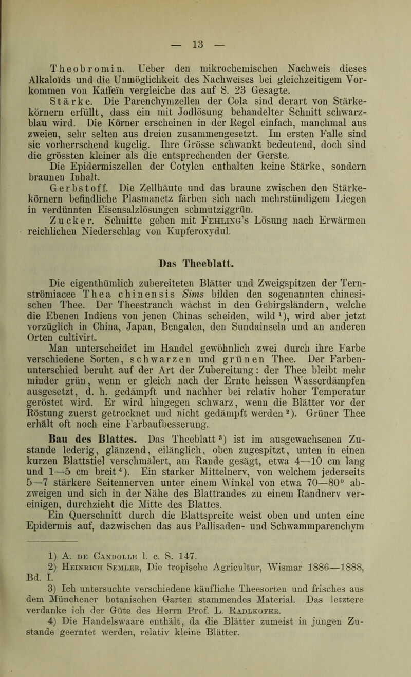 Theobrom in. Ueber den mikrochemischen Nachweis dieses Alkaloids und die Unmöglichkeit des Nachweises bei gleichzeitigem Vor- kommen von Kaffein vergleiche das auf S. 23 Gesagte. Stärke. Die Pai’enchymzellen der Cola sind derart von Stärke- körnern erfüllt, dass ein mit Jodlösung behandelter Schnitt schwarz- blau wird. Die Körner erscheinen in der Regel einfach, manchmal aus zweien, sehr selten aus dreien zusammengesetzt. Im ersten Falle sind sie vorherrschend kugelig. Ihre Grösse schwankt bedeutend, doch sind die grössten kleiner als die entsprechenden der Gerste. Die Epidermiszellen der Cotylen enthalten keine Stärke, sondern braunen lukalt. Gerbstoff. Die Zellhäute und das braune zwischen den Stärke- körnern befindliche Plasmanetz färben sich nach mehrstündigem Liegen in verdünnten Eisensalzlösungen schmutziggrün. Zucker. Schuitte geben mit Fehling’s Lösung nach Erwärmen reichlichen Niederschlag von Kupferoxydul. Das Theeblatt. Die eigentliümlick zubereiteten Blätter und Zweigspitzen der Tern- strömiacee Thea chinensis Sims bilden den sogenannten chinesi- schen Thee. Der Tkeestrauch wächst in den Gebirgsländern, welche die Ebenen Indiens von jenen Chinas scheiden, wild 1), wird aber jetzt vorzüglich in China, Japan, Bengalen, den Sundainseln und an anderen Orten cultivirt. Man unterscheidet im Handel gewöhnlich zwei durch ihre Farbe verschiedene Sorten, schwarzen und grünen Thee. Der Farben- unterschied beruht auf der Art der Zubereitung: der Thee bleibt mehr minder grün, wenn er gleich nach der Ernte heissen Wasserdämpfen ausgesetzt, d. h. gedämpft und nachher bei relativ hoher Temperatur geröstet wird. Er wird hingegen schwarz, wenn die Blätter vor der Röstung zuerst getrocknet und nicht gedämpft werden2). Grüner Thee erhält oft noch eine Farbaufbesserung. Bau des Blattes. Das Theeblatt3) ist im ausgewachsenen Zu- stande lederig, glänzend, eilänglich, oben zugespitzt, unten in einen kurzen Blattstiel verschmälert, am Rande gesägt, etwa 4—10 cm lang und 1—5 cm breit4). Ein starker Mittelnerv, von welchem jederseits 5—7 stärkere Seitennerven unter einem Winkel von etwa 70—80u ab- zweigen und sich in der Nähe des Blattrandes zu einem Randnerv ver- einigen, durchzieht die Mitte des Blattes. Ein Querschnitt durch die Blattspreite weist oben und unten eine Epidermis auf, dazwischen das aus Pallisaden- und Schwammparenchym 1) A. de Candolle 1. c. S. 147. 2) Heinrich Semler, Die tropische Agricultur, Wismar 1886—1888, Bd. I. 3) Ich untersuchte verschiedene käufliche Theesorten und frisches aus dem Münchener botanischen Garten stammendes Material. Das letztere verdanke ich der Güte des Herrn Prof. L. Radlkofer. 4) Die Handelswaare enthält, da die Blätter zumeist in jungen Zu- stande geerntet werden, relativ kleine Blätter.