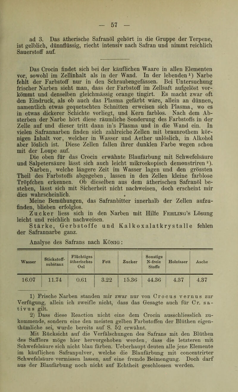 ad 3. Das ätherische Safranöl gehört in die Gruppe der Terpene, ist gelblich, dünnflüssig, riecht intensiv nach Safran und nimmt reichlich Sauerstoff auf. Das Crocin findet sich bei der käuflichen Waare in allen Elementen vor, sowohl im Zellinhalt als in der Wand. In der lebenden1) Narbe fehlt der Farbstoff nur in den Schraubengefässen. Bei Untersuchung frischer Narben sieht man, dass der Farbstoff im Zellsaft aufgelöst vor- kömmt und denselben gleichmässig orange tingirt. Es macht zwar oft den Eindruck, als ob auch das Plasma gefärbt wäre, allein an dünnen, namentlich etwas gequetschten Schnitten erweisen sich Plasma, wo es in etwas dickerer Schichte vorliegt, und Kern farblos. Nach dem Ab- sterben der Narbe hört diese räumliche Sonderung des Farbstoffs in der Zelle auf und dieser tritt dann in’s Plasma und in die Wand ein. In vielen Safrannarben finden sich zahlreiche Zellen mit braunrothem kör- nigen Inhalt vor, welcher in Wrasser und Aether unlöslich, in Alkohol aber löslich ist. Diese Zellen fallen ihrer dunklen Farbe wegen schon mit der Loupe auf. Die oben für das Crocin erwähnte Blaufärbung mit Schwefelsäure und Salpetersäure lässt sich auch leicht mikroskopisch demonstriren2). Narben, welche längere Zeit im Wasser lagen und den grössten Theil des Farbstoffs abgegeben, lassen in den Zellen kleine farblose Tröpfchen erkennen. Ob dieselben aus dem ätherischen Safranöl be- stehen, lässt sich mit Sicherheit nicht nachweisen, doch erscheint mir dies wahrscheinlich. Meine Bemühungen, das Safranbitter innerhalb der Zellen aufzu- finden, blieben eiffolglos. Zucker liess sich in den Narben mit Hilfe Fehling’s Lösung leicht und reichlich nachweisen. Stärke, Gerbstoffe und Kalkoxalatkrystalle fehlen der Safrannarbe ganz. Analyse des Safrans nach König: Wasser Stickstoff- substanz Flüchtiges ätherisches Oel Fett Zucker Sonstige N-freie Stoffe Holzfaser Asche 16.07 11.74 0.61 3.22 15.36 44.36 4.37 4.37 1) Frische Narben standen mir zwar nur von Crocus vernus zur Verfügung, allein ich zweifle nicht, dass das Gesagte auch für Cr. sa- t i v u s gilt. 2) Dass diese Reaction nicht eine dem Crocin ausschliesslich zu- kommende, sondern eine den meisten gelben Farbstoffen der Blüthen eigen- thümliche sei, wurde bereits auf S. 52 erwähnt. Mit Rücksicht auf die Verfälschungen des Safrans mit den Blüthen des Safflors möge hier hervorgehoben werden, dass die letzteren mit Schwefelsäure sich nicht blau färben. Ueberhaupt deuten alle jene Elemente im käuflichen Safranpulver, welche die Blaufärbung mit concentrirter Schwefelsäure vermissen lassen, auf eine fremde Beimengung. Doch darf aus der Blaufärbung noch nicht auf Echtheit geschlossen werden.