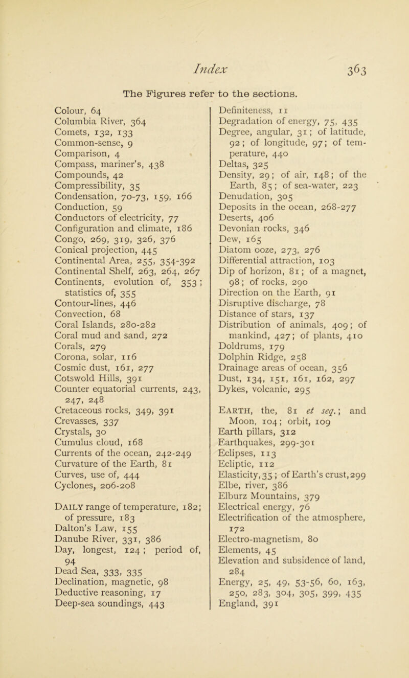 The Figures refer to the sections. Colour, 64 Columbia River, 364 Comets, 132, 133 Common-sense, 9 Comparison, 4 Compass, mariner’s, 438 Compounds, 42 Compressibility, 35 Condensation, 70-73, 159, 166 Conduction, 59 Conductors of electricity, 77 Configuration and climate, 186 Congo, 269, 319, 326, 376 Conical projection, 445 Continental Area, 255, 354-392 Continental Shelf, 263, 264, 267 Continents, evolution of, 353 ; statistics of, 355 Contour-lines, 446 Convection, 68 Coral Islands, 280-282 Coral mud and sand, 272 Corals, 279 Corona, solar, 116 Cosmic dust, 161, 277 Cotswold Hills, 391 Counter equatorial currents, 243, 247, 248 Cretaceous rocks, 349, 391 Crevasses, 337 Crystals, 30 Cumulus cloud, 168 Currents of the ocean, 242-249 Curvature of the Earth, 81 Curves, use of, 444 Cyclones, 206-208 Daily range of temperature, 182; of pressure, 183 Dalton’s Law, 155 Danube River, 331, 386 Day, longest, 124 ; period of, 94 Dead Sea, 333, 335 Declination, magnetic, 98 Deductive reasoning, 17 Deep-sea soundings, 443 Definiteness, 11 Degradation of energy, 75, 435 Degree, angular, 31; of latitude, 92 ; of longitude, 97; of tem- perature, 440 Deltas, 325 Density, 29; of air, 148; of the Earth, 85 ; of sea-water, 223 Denudation, 305 Deposits in the ocean, 268-277 Deserts, 406 Devonian rocks, 346 Dew, 165 Diatom ooze, 273, 276 Differential attraction, 103 Dip of horizon, 81; of a magnet, 98 ; of rocks, 290 Direction on the Earth, 91 Disruptive discharge, 78 Distance of stars, 137 Distribution of animals, 409; of mankind, 427; of plants, 410 Doldrums, 179 Dolphin Ridge, 258 Drainage areas of ocean, 356 Dust, 134, 151, 161, 162, 297 Dykes, volcanic, 295 Earth, the, 81 et seq.\ and Moon, 104; orbit, 109 Earth pillars, 312 Earthquakes, 299-301 Eclipses, 113 Ecliptic, 112 Elasticity, 35 ; of Earth's crust, 299 Elbe, river, 386 Elburz Mountains, 379 Electrical energy, 76 Electrification of the atmosphere, 172 Electro-magnetism, 80 Elements, 45 Elevation and subsidence of land, 284 Energy, 25, 49. 53-56, 60, l63> 250, 283, 304, 305, 399, 435 England, 391