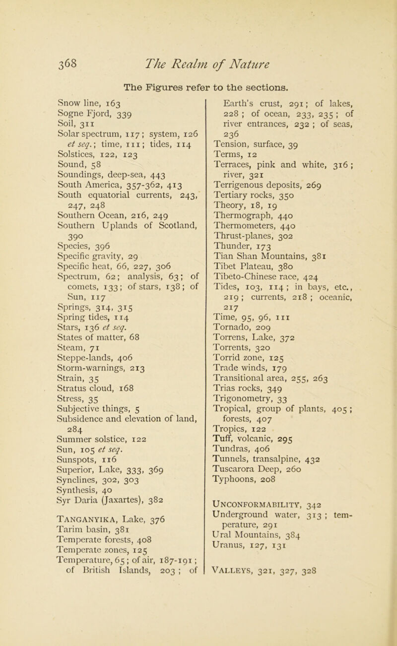 The Figures refer to the sections. Snow line, 163 Sogne Fjord, 339 Soil, 311 Solar spectrum, 117; system, 126 et seq. \ time, in; tides, 114 Solstices, 122, 123 Sound, 58 Soundings, deep-sea, 443 South America, 357-362, 413 South equatorial currents, 243, 247, 248 Southern Ocean, 216, 249 Southern Uplands of Scotland, 39° Species, 396 Specific gravity, 29 Specific heat, 66, 227, 306 Spectrum, 62; analysis, 63; of comets, 133; of stars, 138; of Sun, 117 Springs, 314, 315 Spring tides, 114 Stars, 136 et seq. States of matter, 68 Steam, 71 Steppe-lands, 406 Storm-warnings, 213 Strain, 35 Stratus cloud, 168 Stress, 35 Subjective things, 5 Subsidence and elevation of land, 284 Summer solstice, 122 Sun, 105 et seq. Sunspots, 116 Superior, Lake, 333, 369 Synclines, 302, 303 Synthesis, 40 Syr Daria (Jaxartes), 382 Tanganyika, Lake, 376 Tarim basin, 381 Temperate forests, 408 Temperate zones, 125 Temperature, 65 ; of air, 187-191; of British Islands, 203 ; of Earth’s crust, 291; of lakes, 228 ; of ocean, 233, 235 ; of river entrances, 232 ; of seas, 236 Tension, surface, 39 Terms, 12 Terraces, pink and white, 316 ; river, 321 Terrigenous deposits, 269 Tertiary rocks, 350 Theory, 18, 19 Thermograph, 440 Thermometers, 440 Thrust-planes, 302 Thunder, 173 Tian Shan Mountains, 381 Tibet Plateau, 380 Tibeto-Chinese race, 424 Tides, 103, 114 ; in bays, etc., 219; currents, 218 ; oceanic, 217 Time, 95, 96, m Tornado, 209 Torrens, Lake, 372 Torrents, 320 Torrid zone, 125 Trade winds, 179 Transitional area, 255, 263 Trias rocks, 349 Trigonometry, 33 Tropical, group of plants, 405 ; forests, 407 Tropics, 122 Tuff, volcanic, 295 Tundras, 406 Tunnels, transalpine, 432 Tuscarora Deep, 260 Typhoons, 208 Unconformability, 342 Underground water, 313 ; tem- perature, 291 Ural Mountains, 384 Uranus, 127, 131 Valleys, 321, 327, 328