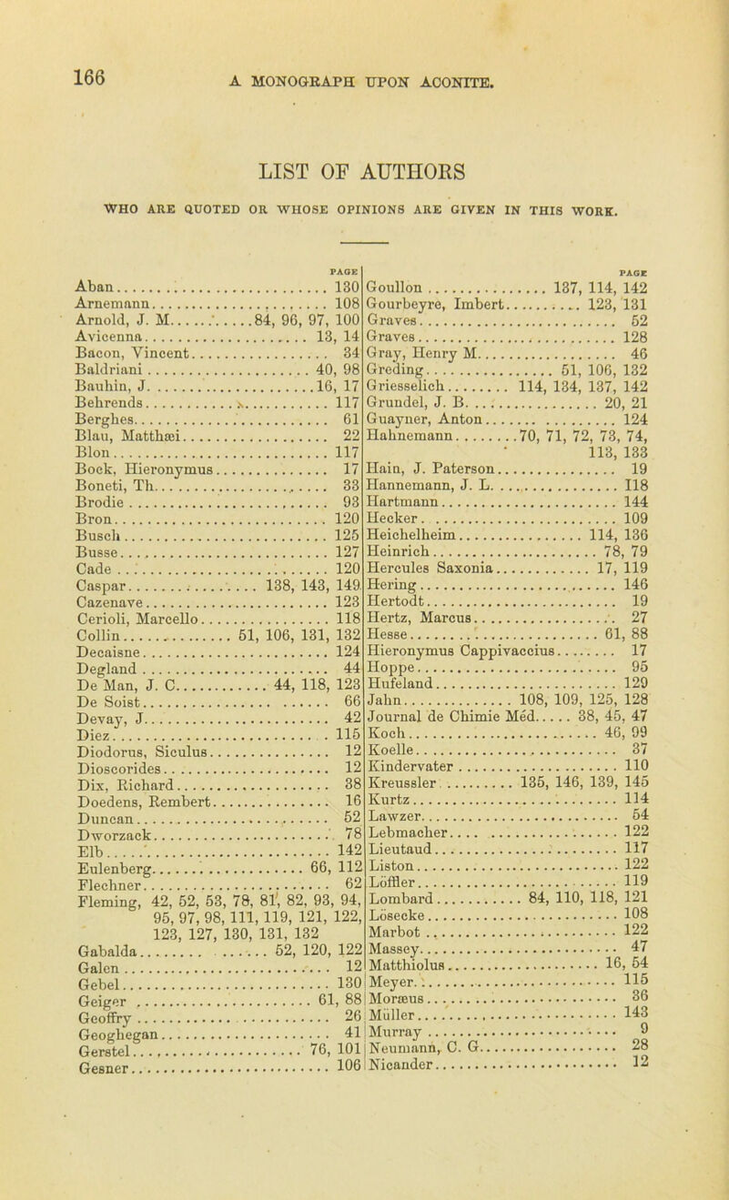 LIST OF AUTHORS WHO ARE QUOTED OR WHOSE OPINIONS ARE GIVEN IN THIS WORK. Aban 130 Arnemann 108 Arnold, J. M ,* 84, 96, 97, 100 Avicenna 13, 14 Bacon, Vincent 34 Baldriani 40, 98 Baubin, J 16, 17 Behrends ,\ 117 Berglies 61 Blau, Matthaei 22 Blon 117 Bock, Hieronymus 17 Boneti, Th 33 Brodie 93 Bron 120 Busch 125 Busse. 127 Cade .. 1 1 120 Caspar 138, 143, 149 Cazenave 123 Cerioli, Marcello 118 Collin 51, 106, 131, 132 Decaisne 124 Degland 44 De Man, J. C 44, 118, 123 De Soist 66 Devay, J. 42 Diez . 115 Diodorus, Siculus 12 Dioscorides 12 Dix, Pächard 38 Doedens, Rembert 16 Duncan 52 Dworzack 78 Elb ' 142 Eulenberg 66, 112 Flechner 62 Fleming, 42, 52, 53, 78, 81', 82, 93, 94, 95, 97, 98,111,119, 121, 122, 123, 127, 130, 131, 132 Gabalda 52, 120, 122 Galen 12 Gebel 130 Geiger , 61, 88 Geoffry 26 Geoghegan 41 Gerstel 76, 101 Gesner 106 Goullon 137, 114, 142 Gourbeyre, Imbert 123, 131 Graves 52 Graves 128 Gray, Henry M 46 Greding 51, 106, 132 Griesselich 114, 134, 137, 142 Grundel, J. B. 20, 21 Guayner, Anton 124 Hahnemann 70, 71, 72, 73, 74, 113, 133 Hain, J. Paterson 19 Hannemann, J. L 118 Hartmann 144 Hecker 109 Heichelheim 114, 136 Heinrich 78, 79 Hercules Saxonia 17, 119 Hering 146 Hertodt 19 Hertz, Marcus '. 27 Hesse 61, 88 Hieronymus Cappivaccius 17 Hoppe 95 Hufeland 129 Jahn 108, 109, 125, 128 Journal de Chimie Med 38, 45, 47 Koch 46, 99 Koelle , 37 Kindervater HO Kreussler 135, 146, 139, 145 Kurtz 114 Lawzer 54 Lebmacher.... 122 Lieutaud 117 Liston 122 Löffler 119 Lombard 84, 110, 118, 121 Lösecke 108 Marbot * 122 Massey 47 Matthiolus 16, 54 j Meyer.'. 115 i Morseus 36 ! Müller 143 Murray • • • 0 i Neumann, C. G 28 iNicander 12