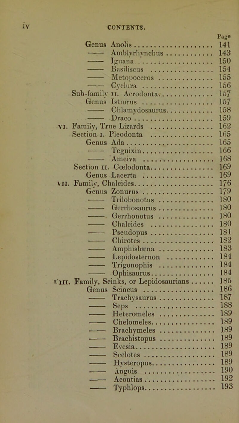 Page Genus Anolis 141 Amblyrhynchus 143 Icruana 150 liiisiliscus 154 Metopoceros 155 Cyelura 156 Sub-family n. Aerodonta. 157 Genus Istiurns 157 Cblaraydosaurus 158 Draco 159 VI. Family, True Lizards 162 Seotioa I. Pleodonta 165 Genus Ada 165 Teguixin 166 Ameiva 168 Section ii. Coelodonta 169 Genus Lacerta 169 VII. Family, Chalcides 176 Genus Zonurus 179 Trilobonotus 180 Gerrliosaurus 180 • . Gerrhonotus 180 Chalcides 180 Pseudopus 181 Chirotes 182 Amphisbaena 183 Lepidosternon 184 Trigonophis 184 Opinsaurus 184 I'iii. Family, Scinks, or Lepidosaurians 185 Genus Scincus 186 Trachysaurus 187 Seps 188 Heteromeles 189 Chelomeles 189 Brachymeles 189 Brachistopus 189 Evesia 189 Seelotes 189 Hysteropus 189 ■ iinguis 190 Acontias 192 Typhlops 193