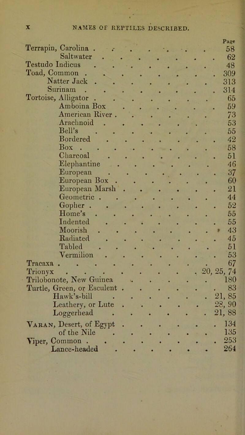 Terrapin, Carolina .. .. Page 58 Saltwater .... . 62 Testudo Indicus .... 48 Toad, Common . 309 Natter Jack .... 313 Surinam ..... Tortoise, Alligator .... 65 Amboina Box . 59 American River . . 73 Arachnoid .... 53 Bell’s .... 55 Bordered .... . 42 Box 58 Charcoal . . . . . 51 Elephantine • . 46 European . . . . • • . 37 European Box . * , 60 European Marsh . . 21 Geometric .... 44 Gopher . 52 Home’s .... , 55 Indented .... . 55 Moorish .... . •- 43 Radiated .... . 45 1'abled .... 51 Vermilion .... . 53 Tracaxa 67 Trionyx 20, 25, 74 Trilobonote, New Guinea • , 180 Turtle, Green, or Esculent . . 83 Hawk’s-bill . 21,85 Leathery, or Lute . 28, 90 Loggerhead • • . 21, 88 Varan, Desert, of Egypt . . 134 of the Nile • 135 Viper, Common ..... . 253 Lance-headed • • 264