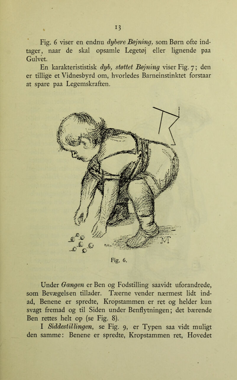 Fig. 6 viser en endnu dybere Bøjning, som Børn ofte ind- tager, naar de skal opsamle Legetøj eller lignende paa Gulvet. En karakterististisk dyb, støttet Bøjning viser Fig. 7; den er tillige et Vidnesbyrd om, hvorledes Barneinstinktet forstaar at spare paa Legemskraften. Under Gangen er Ben og Fodstilling saavidt uforandrede, som Bevægelsen tillader. Tæerne vender nærmest lidt ind- ad, Benene er spredte. Kropstammen er ret og helder kun svagt fremad og til Siden under Benflytningen; det bærende Ben rettes helt op (se Fig. 8). I Siddestillingen, se Fig. 9, er Typen saa vidt muligt den samme: Benene er spredte. Kropstammen ret. Hovedet