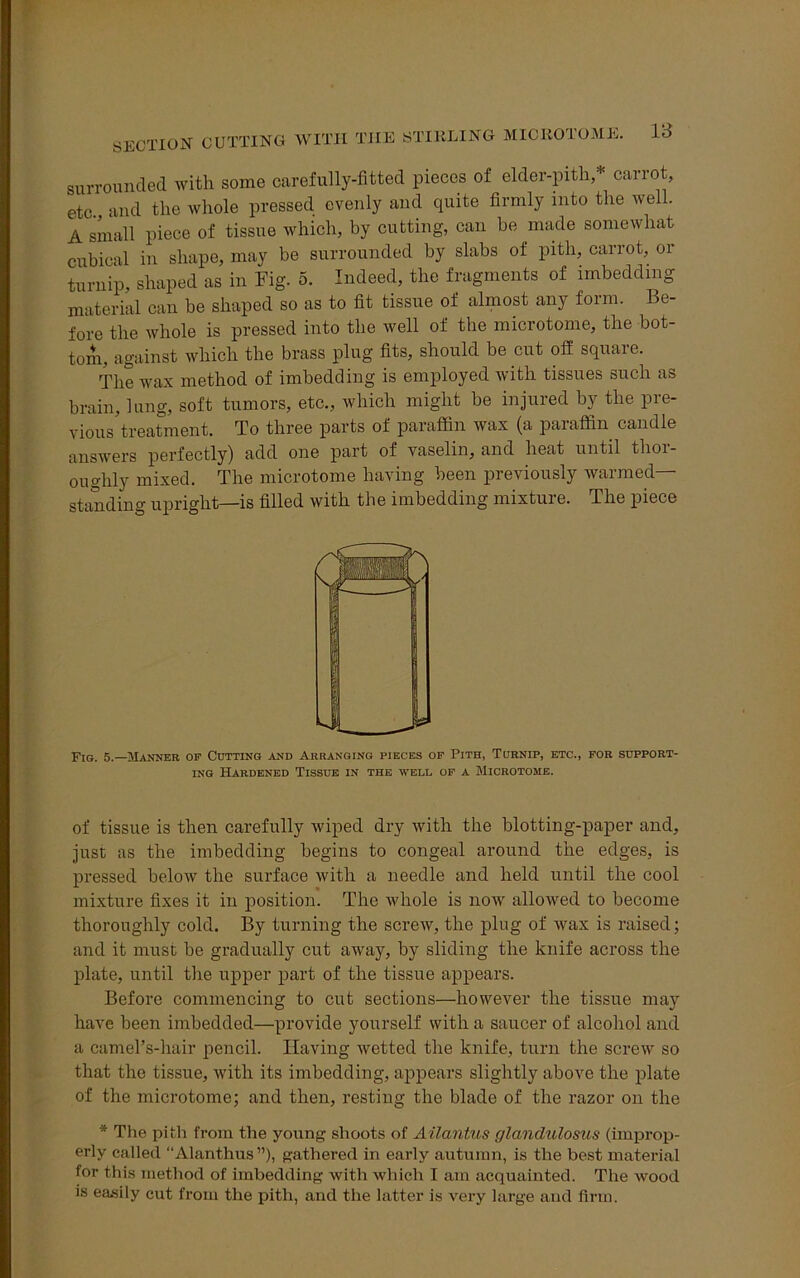surrounded with some carefully-fitted pieces of elder-pith,* carrot, etc., and the whole pressed evenly and quite firmly into the well. A small piece of tissue which, by cutting, can be made somewhat cubical in shape, may be surrounded by slabs of pith, carrot, or turnip, shaped as in Fig. 5. Indeed, the fragments of imbedding material can be shaped so as to fit tissue of almost any form. Be- fore the whole is pressed into the well of the microtome, the bot- tom, against which the brass plug fits, should be cut off square. The wax method of imbedding is employed with tissues such as brain, lung, soft tumors, etc., which might be injured by the pre- vious treatment. To three parts of paraffin wax (a paraffin candle answers perfectly) add one part of vaselin, and heat until tlioi- oughly mixed. The microtome having been previously warmed— standing upright—is filled with the imbedding mixture. The piece Fig. 5.—Manner of Cutting and Arranging pieces of Pith, Turnip, etc., for support- ing Hardened Tissue in the well of a Microtome. of tissue is then carefully wiped dry with the blotting-paper and, just as the imbedding begins to congeal around the edges, is pressed below the surface with a needle and held until the cool mixture fixes it in position. The whole is now allowed to become thoroughly cold. By turning the screw, the plug of wax is raised; and it must be gradually cut away, by sliding the knife across the plate, until the upper part of the tissue appears. Before commencing to cut sections—however the tissue may have been imbedded—provide yourself with a saucer of alcohol and a camePs-hair pencil. Having wetted the knife, turn the screw so that the tissue, with its imbedding, appears slightly above the plate of the microtome; and then, resting the blade of the razor on the * The pith from the young shoots of Ailantus glandulosus (improp- erly called “Alanthus”), gathered in early autumn, is the best material for this method of imbedding with which I am acquainted. The wood is easily cut from the pith, and the latter is very large and firm.