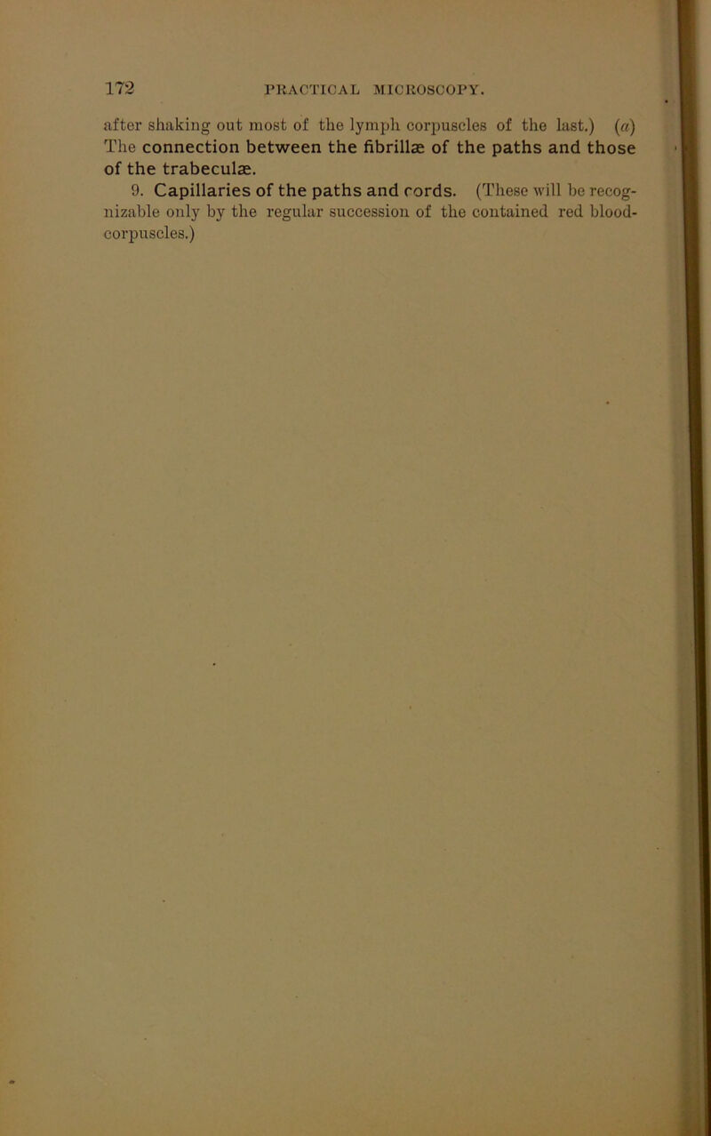 after shaking out most of the lymph corpuscles of the last.) («) The connection between the fibrillae of the paths and those of the trabeculse. 9. Capillaries of the paths and cords. (These will he recog- nizable only by the regular succession of the contained red blood- corpuscles.)