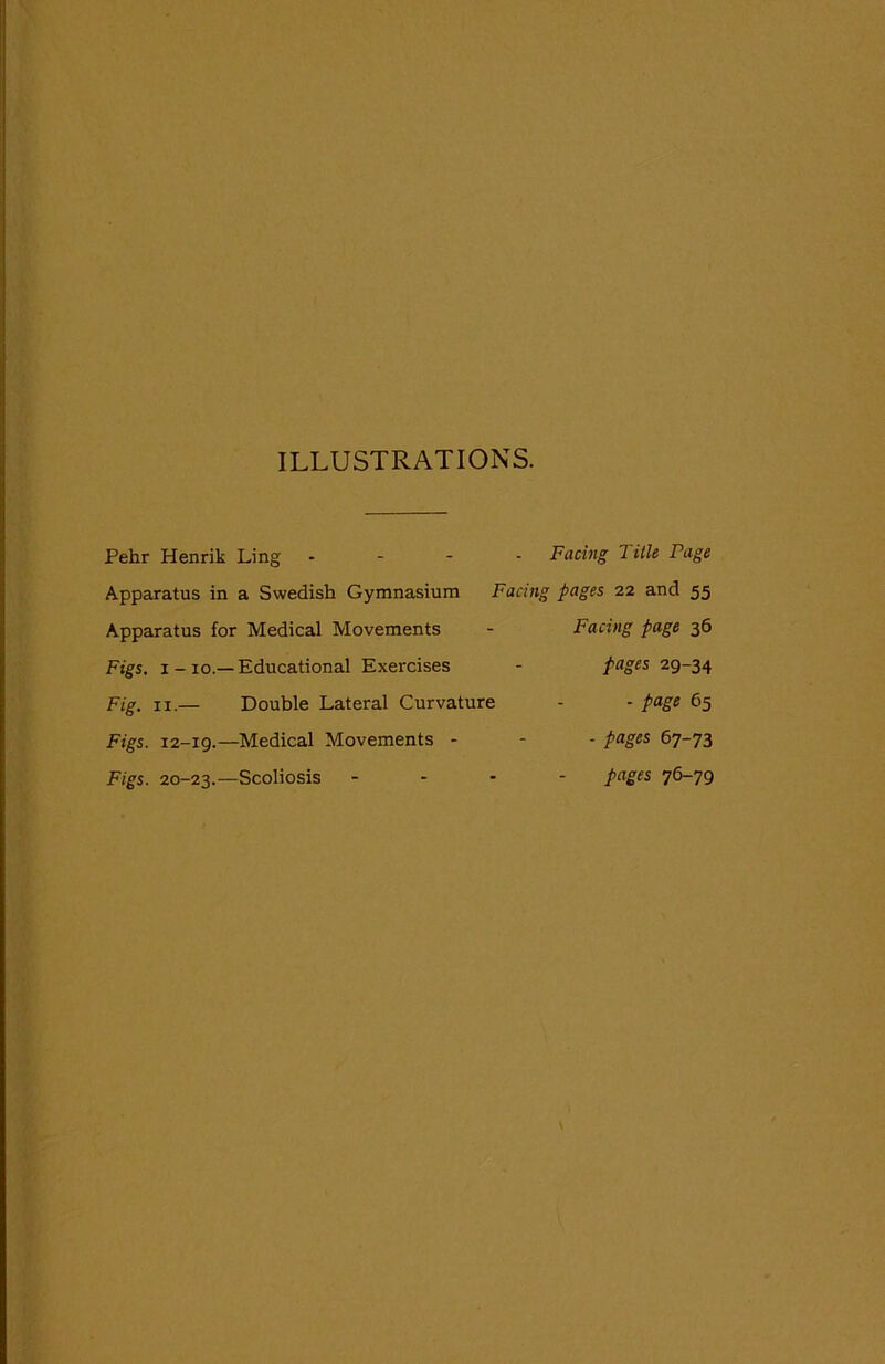 ILLUSTRATIONS. Pehr Henrik Ling - Facing Title Page Apparatus in a Swedish Gymnasium Facing pages 22 and 55 Apparatus for Medical Movements - Facing page 36 Figs. 1 - 10.—Educational Exercises - pages 29-34 Fig. 11.— Double Lateral Curvature - - page 65 Figs. 12-19.—Medical Movements - - - pages 67-73 Figs. 20-23.—Scoliosis ... - pages 76-79