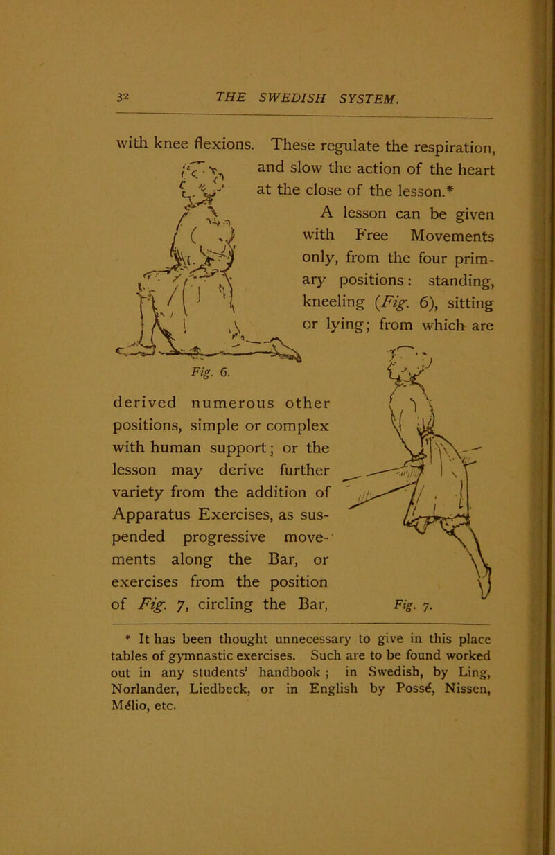 with knee flexions. These regulate the respiration, and slow the action of the heart at the close of the lesson.* A lesson can be given with Free Movements 1 only, from the four prim- ary positions: standing, kneeling (Fig. 6), sitting or lying; from which are Fig. 6. derived numerous other positions, simple or complex with human support; or the lesson may derive further variety from the addition of Apparatus Exercises, as sus- pended progressive move- ments along the Bar, or exercises from the position of Fig. 7, circling the Bar, * It has been thought unnecessary to give in this place tables of gymnastic exercises. Such are to be found worked out in any students’ handbook ; in Swedish, by Ling, Norlander, Liedbeck, or in English by Poss6, Nissen, Mtflio, etc.