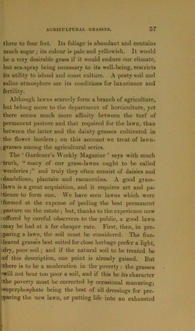 three to four feet. Its foliage is abundant and contains much sugar; its colour is pale and yellowish. It would be a very desirable grass if it would endure our climate, but sea-spray being necessary to its well-being, reslricts its utility to island and coast culture. A peaty soil and saline atmosphere are its conditions for luxuriance and fertility. Although lawns scarcely form a branch of agriculture, but belong more to the department of horticulture, yet there seems much more affinity between the turf of permanent pasture and that required for the lawn, than between the latter and the dainty grasses cultivated in the Hower borders ; on this account we treat of lawn- grasses among the agricultural series. The ' Gardener’s Weekly Magazine ’ says with much truth, “many of our grass-lawns ought to be called weederiesand trulv tliev often cousist of daisies and i dandelions, plantain and ranunculus. A good grass- lawn is a great acquisition, and it requires art and pa- tience to form one. We have seen lawns which were formed at the expense of peeling the best permanent pasture on the estate ; but, thanks to the experience now offered by careful observers to the public, a good lawn may be had at a far cheaper rate. First, then, in pre- paring a lawn, the soil must be considered. The fine- leaved grasses best suited for close herbage prefer a light, dry, poor soil; and if the natural soil to be treated be of this description, one point is already gained. But there is to be a moderation in the poverty: the grasses will not bear too poor a soil, and if this be its character the poverty must be corrected by occasional manuring; superphosphate being the best of all dressings for pre- paring the new lawn, or putting life into an exhausted »