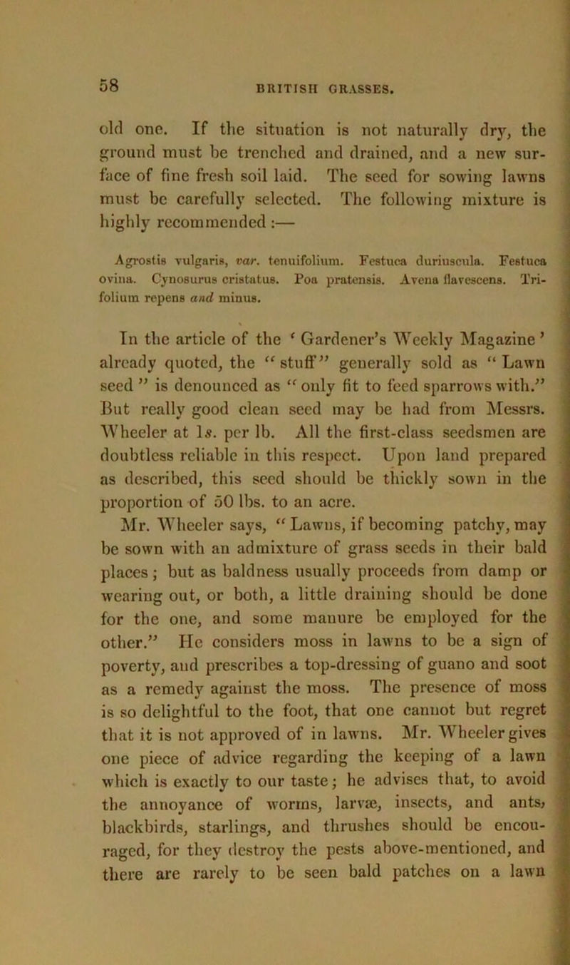 old one. If the situation is not naturally dry, the ground must he trenched and drained, and a new sur- face of fine fresh soil laid. The seed for sowing lawns must be carefully selected. The following mixture is highly recommended:— Agrostis vulgaris, var. tenuifolium. Festuca duriuscnla. Festuea ovina. Cynosurus cristatus. l’oa pratensis. Avena llavescens. Tri- folium repens and minus. In the article of the ‘ Gardener’s Weekly Magazine ’ already quoted, the “stuff’” generally sold as “Lawn seed ” is denounced as “only fit to feed sparrows with.” But really good clean seed may be had from Messrs. Wheeler at Is. per lb. All the first-class seedsmen are doubtless reliable in this respect. Upon land prepared as described, this seed should be thickly sown in the proportion of 50 lbs. to an acre. Mr. Wheeler says, “ Lawns, if becoming patchy, may be sown with an admixture of grass seeds in their bald places; but as baldness usually proceeds from damp or wearing out, or both, a little draining should be done for the one, and some manure be employed for the other.” He considers moss in lawns to be a sign of poverty, aud prescribes a top-dressing of guano and soot as a remedy against the moss. The presence of moss is so delightful to the foot, that one cannot but regret that it is not approved of in lawns. Mr. Wheeler gives one piece of advice regarding the keeping of a lawn which is exactly to our taste; he advises that, to avoid the annoyance of worms, larvae, insects, and ants> blackbirds, starlings, and thrushes should be encou- raged, for they destroy the pests above-mentioned, and there are rarely to be seen bald patches on a lawn