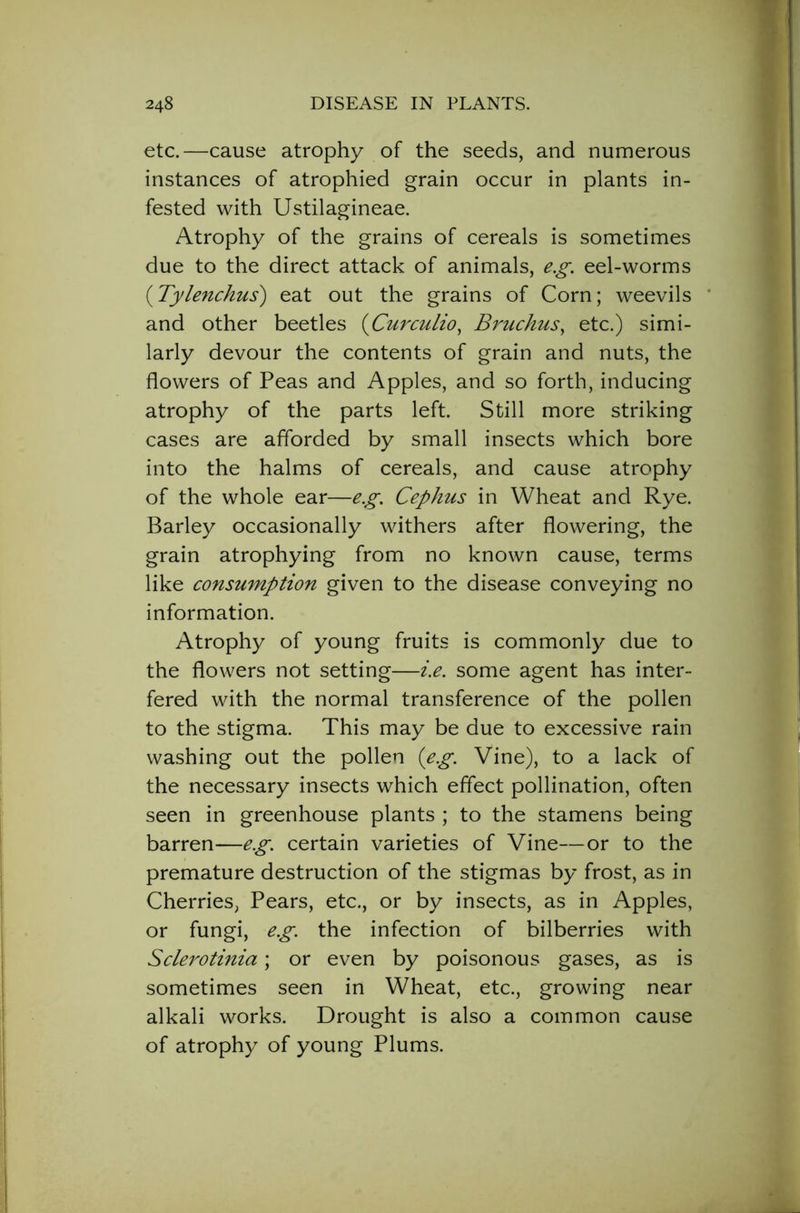 etc.—cause atrophy of the seeds, and numerous instances of atrophied grain occur in plants in- fested with Ustilagineae. Atrophy of the grains of cereals is sometimes due to the direct attack of animals, eg. eel-worms (Tylenchus) eat out the grains of Corn; weevils and other beetles (Curculio, Bruchus, etc.) simi- larly devour the contents of grain and nuts, the flowers of Peas and Apples, and so forth, inducing atrophy of the parts left. Still more striking cases are afforded by small insects which bore into the halms of cereals, and cause atrophy of the whole ear—eg. Cephus in Wheat and Rye. Barley occasionally withers after flowering, the grain atrophying from no known cause, terms like consumption given to the disease conveying no information. Atrophy of young fruits is commonly due to the flowers not setting—i.e. some agent has inter- fered with the normal transference of the pollen to the stigma. This may be due to excessive rain washing out the pollen (eg. Vine), to a lack of the necessary insects which effect pollination, often seen in greenhouse plants ; to the stamens being barren—eg. certain varieties of Vine—or to the premature destruction of the stigmas by frost, as in Cherries, Pears, etc., or by insects, as in Apples, or fungi, eg. the infection of bilberries with Sclerotinia; or even by poisonous gases, as is sometimes seen in Wheat, etc., growing near alkali works. Drought is also a common cause of atrophy of young Plums.