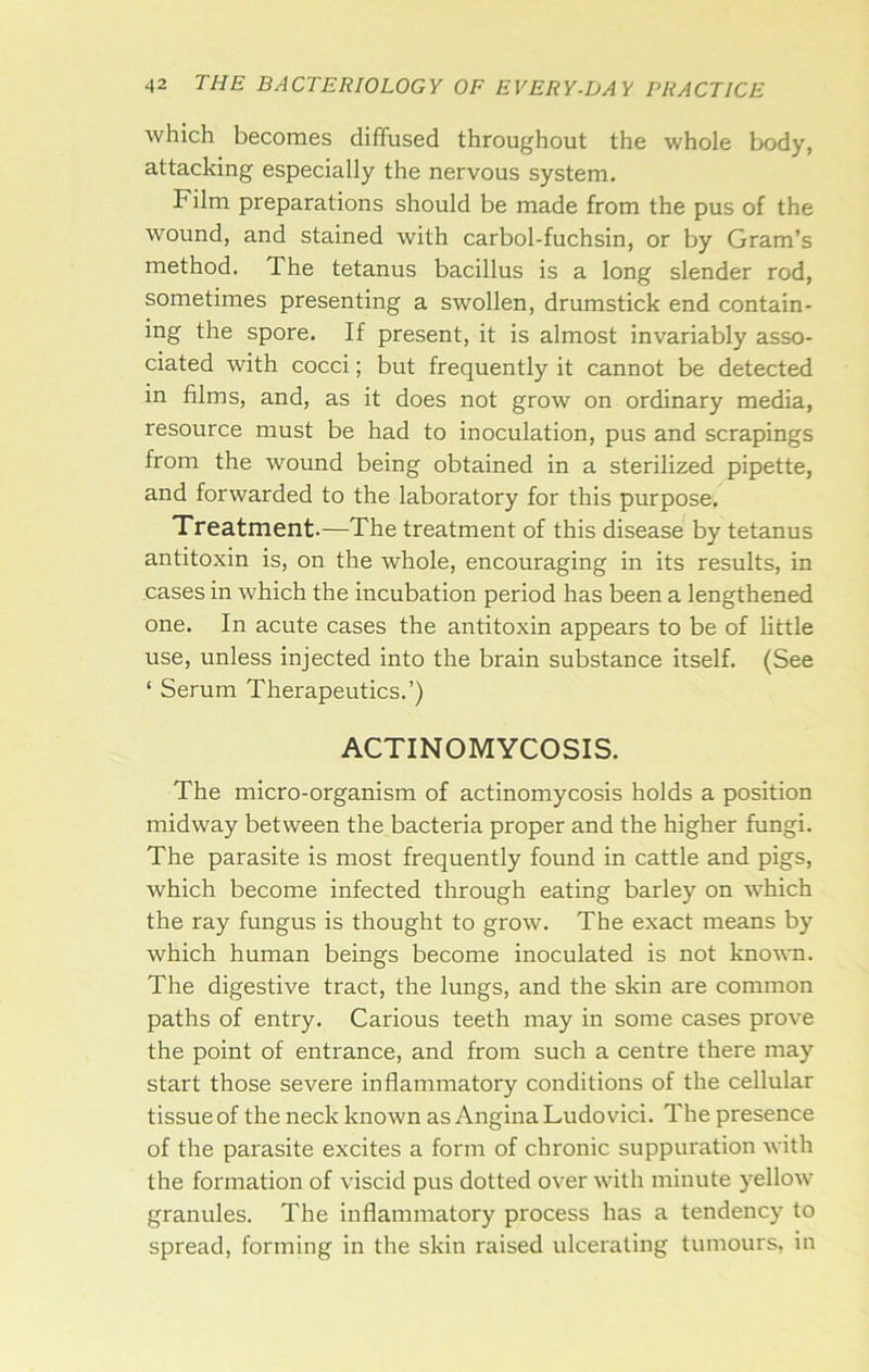 which becomes diffused throughout the whole body, attacking especially the nervous system. Film preparations should be made from the pus of the wound, and stained with carbol-fuchsin, or by Gram’s method. The tetanus bacillus is a long slender rod, sometimes presenting a swollen, drumstick end contain- ing the spore. If present, it is almost invariably asso- ciated with cocci; but frequently it cannot be detected in films, and, as it does not grow on ordinary media, resource must be had to inoculation, pus and scrapings from the wound being obtained in a sterilized pipette, and forwarded to the laboratory for this purpose. Treatment.—The treatment of this disease by tetanus antitoxin is, on the whole, encouraging in its results, in cases in which the incubation period has been a lengthened one. In acute cases the antitoxin appears to be of little use, unless injected into the brain substance itself. (See ‘ Serum Therapeutics.’) ACTINOMYCOSIS. The micro-organism of actinomycosis holds a position midway between the bacteria proper and the higher fungi. The parasite is most frequently found in cattle and pigs, which become infected through eating barley on which the ray fungus is thought to grow. The exact means by which human beings become inoculated is not kno\\Ti. The digestive tract, the lungs, and the skin are common paths of entry. Carious teeth may in some cases prove the point of entrance, and from such a centre there may start those severe inflammatory conditions of the cellular tissue of the neck known as Angina Ludovici. The presence of the parasite excites a form of chronic suppuration with the formation of viscid pus dotted over with minute yellow granules. The inflammatory process has a tendency to spread, forming in the skin raised ulcerating tumours, in