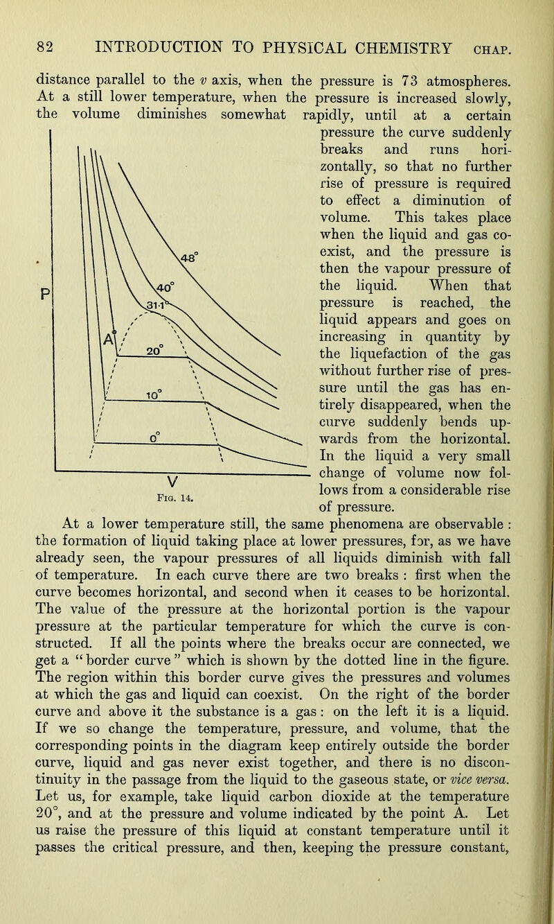 distance parallel to the v axis, when the pressure is 73 atmospheres. At a still lower temperature, when the pressure is increased slowly, the volume diminishes somewhat rapidly, until at a certain pressure the curve suddenly breaks and runs hori- zontally, so that no further rise of pressure is required to effect a diminution of volume. This takes place when the liquid and gas co- exist, and the pressure is then the vapour pressure of the liquid. When that pressure is reached, the liquid appears and goes on increasing in quantity by the liquefaction of the gas without further rise of pres- sure until the gas has en- tirely disappeared, when the curve suddenly bends up- wards from the horizontal. In the liquid a very small change of volume now fol- ^ , lows from a considerable rise of pressure. At a lower temperature still, the same phenomena are observable : the formation of liquid taking place at lower pressures, for, as we have already seen, the vapour pressures of all liquids diminish with fall of temperature. In each curve there are two breaks ; first when the curve becomes horizontal, and second when it ceases to be horizontal. The value of the pressure at the horizontal portion is the vapour pressure at the particular temperature for which the curve is con- structed. If all the points where the breaks occur are connected, we get a “ border curve ” which is shown by the dotted line in the figure. The region within this border curve gives the pressures and volumes at which the gas and liquid can coexist. On the right of the border curve and above it the substance is a gas : on the left it is a liquid. If we so change the temperature, pressure, and volume, that the corresponding points in the diagram keep entirely outside the border curve, liquid and gas never exist together, and there is no discon- tinuity in the passage from the liquid to the gaseous state, or vice, versa. Let us, for example, take liquid carbon dioxide at the temperature 20°, and at the pressure and volume indicated by the point A. Let us raise the pressure of this liquid at constant temperature until it passes the critical pressure, and then, keeping the pressure constant,