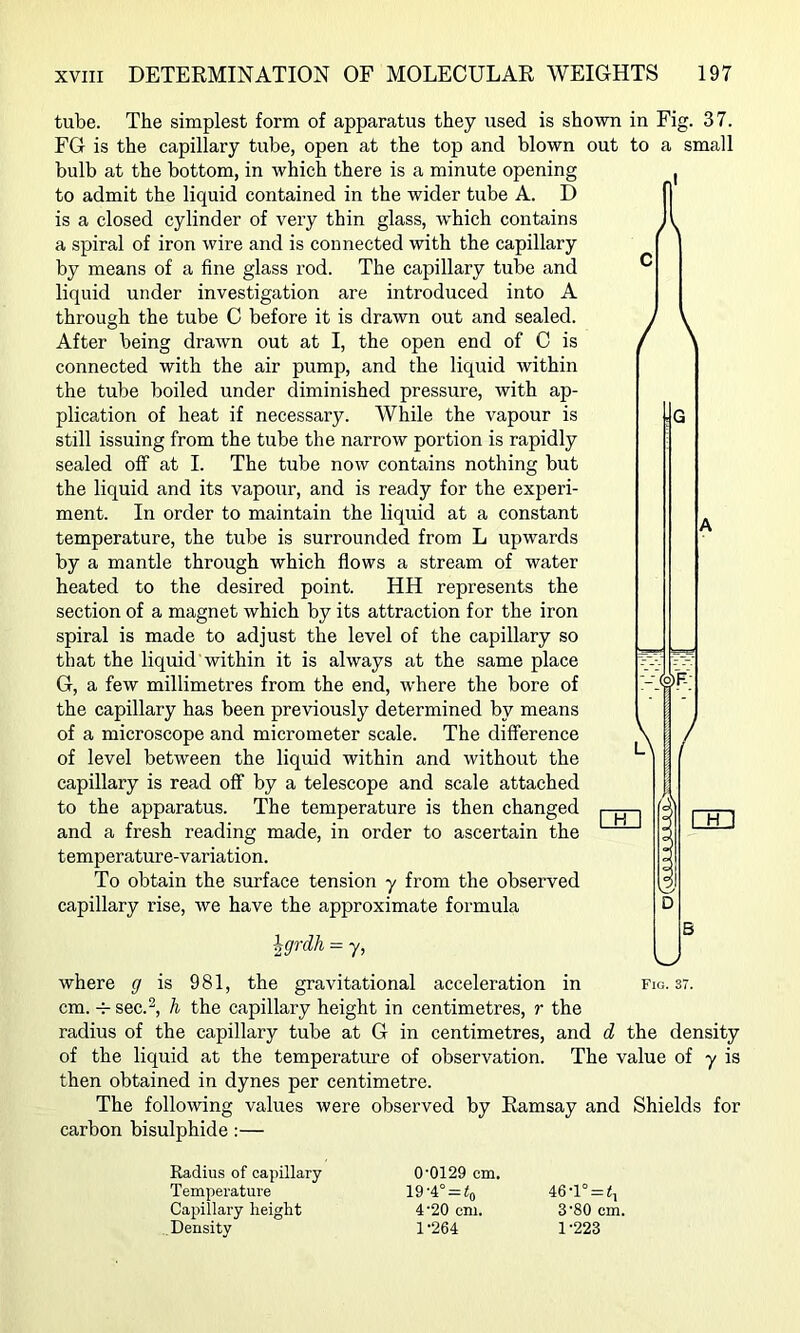 / \ tube. The simplest form of apparatus they used is shown in Fig. 37. FG is the capillary tube, open at the top and blown out to a small bulb at the bottom, in which there is a minute opening to admit the liquid contained in the wider tube A. D is a closed cylinder of very thin glass, w'hich contains a spiral of iron wire and is connected with the capillary by means of a fine glass rod. The capillary tube and liquid under investigation are introduced into A through the tube C before it is drawn out and sealed. After being drawn out at I, the open end of C is connected with the air pump, and the liquid within the tube boiled under diminished pressure, with ap- plication of heat if necessary. While the vapour is still issuing from the tube the narrow portion is rapidly sealed off at I. The tube now contains nothing but the liquid and its vapour, and is ready for the experi- ment. In order to maintain the liquid at a constant temperature, the tube is surrounded from L upwards by a mantle through which flows a stream of water heated to the desired point. HH represents the section of a magnet which by its attraction for the iron spiral is made to adjust the level of the capillary so that the liquid within it is always at the same place G, a few millimetres from the end, where the bore of the capillary has been previously determined by means of a microscope and micrometer scale. The difference of level between the liquid within and without the capillary is read off by a telescope and scale attached to the apparatus. The temperature is then changed and a fresh reading made, in order to ascertain the temperature-variation. To obtain the surface tension y from the observed capillary rise, we have the approximate formula Igrdh = y, where g is 981, the gravitational acceleration in fig. 37. cm. -7- sec.^, h the capillary height in centimetres, r the radius of the capillary tube at G in centimetres, and d the density of the liquid at the temperature of observation. The value of y is then obtained in dynes per centimetre. The following values were observed by Ramsay and Shields for carbon bisulphide:— CHU 3 rm Radius of capillary Temperature Capillary lieiglit Density 0'0129 cm. I9-4° = «o 4'20 cm. 1-264 46 3-80 cm 1-223