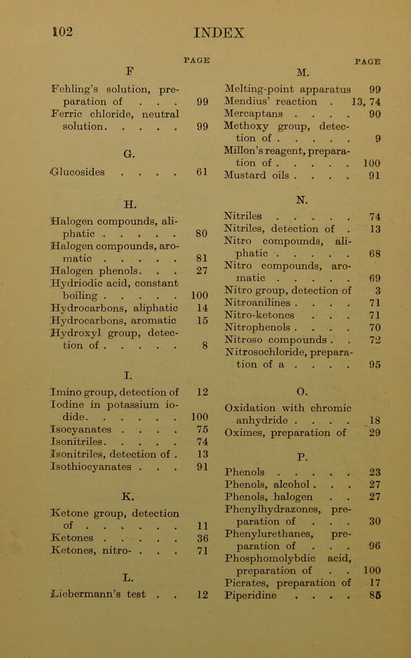 PAGE F Fehling’s solution, pre- paration of . . . Ferric chloride, neutral 99 solution 99 G. Glucosides .... 61 H. Halogen compounds, ali- phatic Halogen compounds, aro- 80 matic 81 Halogen phenols. Hydriodic acid, constant 27 boiling 100 Hydrocarbons, aliphatic 14 Hydrocarbons, aromatic Hydroxyl group, detec- 15 tion of 8 I. Tmino group, detection of Iodine in potassium io- 12 dide 100 Isocyanates .... 75 Isonitriles 74 Isonitriles, detection of . 13 Isothiocyanates . 91 K. Hetone group, detection of 11 Ketones 36 Ketones, nitro- . 71 L. Liebermann’s test . 12 PAGE M. Melting-point apparatus 99 Mendius’ reaction . 13, 74 Mercaptans .... 90 Methoxy group, detec- tion of 9 Millon’s reagent, prepara- tion of 100 Mustard oils .... 91 N. Nitriles 74 Nitriles, detection of 13 Nitro compoimds, ali- phatic 68 Nitro compounds, aro- matic 69 Nitro group, detection of 3 Nitroanilines .... 71 Nitro-ketones 71 Nitrophenols .... 70 Nitroso compounds . 72 Nitrosochloride, prepara- tion of a . 95 O. Oxidation with chromic anhydride .... 18 Oximes, preparation of 29 P. Phenols 23 Phenols, alcohol . 27 Phenols, halogen 27 Phenylhydrazones, pre- paration of . . . 30 Phenylurethanes, pre- paration of . . . 96 Phosphomolybdic acid. preparation of 100 Picrates, preparation of 17 Piperidine .... 86
