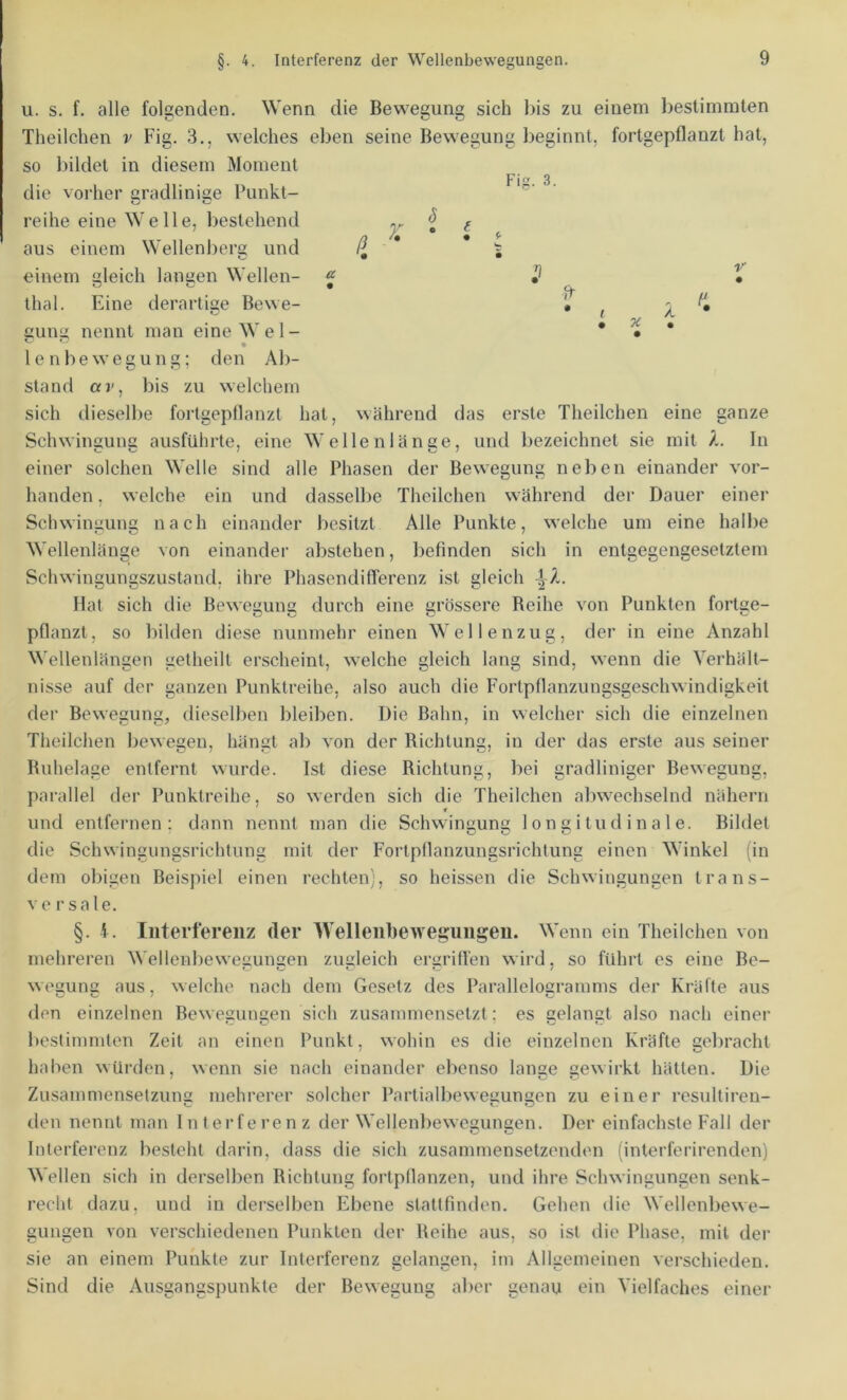 §. 4. Interferenz der Wellenbewegungen. u. s. f. alle folgenden. Wenn die Bewegung sich bis zu einem l)eslimmten Theilchen v Fig. 3., welches eben seine Bewegung beginnt, fortgepflanzt hat, so bildet in diesem Moment Fig. 3. X ( a it V 7C die vorher gradlinige Punkt- reihe eine Welle, bestehend aus einem Wellenberg und einem gleich lanaen Wellen- thal. Eine derartige Bewe- aung nennt man eineWel- lenbewegung; den Ab- stand «r, bis zu welchem sich dieselbe fortgepflanzt hat, während das erste Theilchen eine ganze Schwingung ausführte, eine Wellenlänge, und bezeichnet sie mit In einer solchen Welle sind alle Phasen der Bewegung neben einander vor- handen , welche ein und dasselbe Theilchen während der Dauer einer Schwingung nach einander besitzt Alle Punkte, welche um eine halbe Wellenlänge von einander abstehen, l^efinden sich in entgegengesetztem Schwingungszustand, ihre PhascndilTerenz ist gleich Hai sich die Beweauna durch eine arössere Beihe von Punkten fortae- pflanzt, so bilden diese nunmehr einen Wellenzug, der in eine Anzahl Wellenlängen getheill erscheint, welche gleich lang sind, wenn die Verhält- nisse auf der ganzen Punktreihe, also auch die Fortpflanzungsgeschwindigkeit dei* Bewegung, dieselben bleiben. Die Bahn, in welcher sich die einzelnen Theilchen bewegen, hängt ab von der Richtung, in der das erste aus seiner Ruhelage entfernt wurde. Ist diese Richtung, bei gradliniger Bewegung, parallel der Punklreihe, so werden sich die Theilchen abwechselnd nähern und entfernen; dann nennt man die Schwinauna lonaitudinale. Bildet die Schwinaiinasrichtuna mit der Forlpflanzunasrichtuna einen Winkel (in dem obigen Beispiel einen rechten;, so heissen die Schwingungen trans- ve rsale. §. I. Interferenz der Wellenbewegungen. Wenn ein Theilchen von mehreren Wellenbewegungen zugleich ergrill'en wird, so führt es eine Be- wegung aus, welche nach dem Gesetz des Parallelogramms der Kräfte aus den einzelnen Bewegungen sich zusammenselzt; es gelangt also nach einer bestimmten Zeit an einen Punkt, wohin es die einzelnen Kräfte aebracht haben würden, wenn sie nach einander ebenso lange gewirkt hätten. Die Zusammensetzung mehrerer solcher Partialbewegungen zu einer resultiren- den nennt man Interferenz der Wellenbewegungen. Der einfachste Fall tler Interferenz besieht darin, dass die sich zusammensetzenden (interferirenden) Wellen sich in derselben Richtung fortpflanzen, und ihre Schwingungen senk- recht dazu, und in derselben Ebene stattfinden. Gehen die Wellenbewe- gungen von verschiedenen Punkten der Reihe aus, so ist ilie Phase, mit der sie an einem Punkte zur Interferenz gelangen, im Allgemeinen verschieden. Sind die Ausgangspunkte der Bewegung aber genau ein Vielfaches einer
