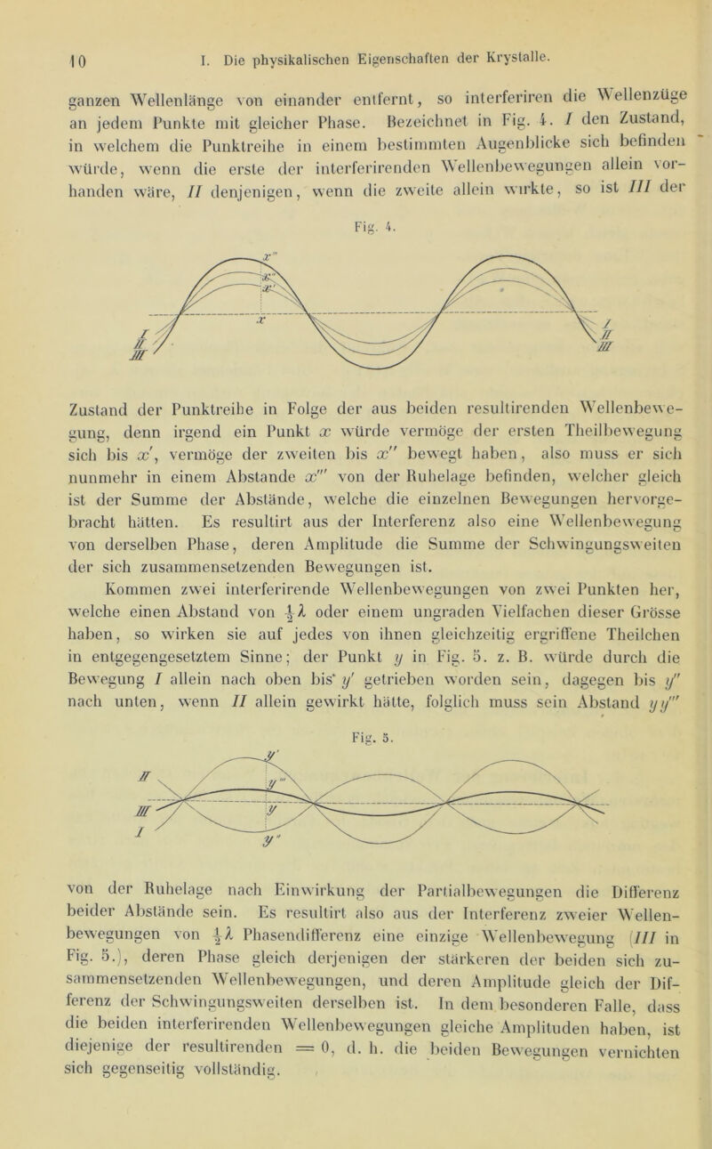 ganzen Wellenlänge von einander entfernt, so interferiren die \\ellenzüge an jedem Punkte mit gleicher Phase. Bezeichnet in Fig. 4. / den Zustand, in welchem die Punktreihe in einem bestimmten Augenblicke sich befinden würde, wenn die erste der interferirenden Wellenbewegungen allein vor- handen wäre, II denjenigen, wenn die zweite allein wirkte, so ist III der Fig. 4. Zustand der Punktreihe in Folge der aus beiden resullirenden Wellenbewe- mmc, denn irgend ein Punkt x vv^ürde vermöge der ersten Theilbewegung sich bis x\ vermöge der zweiten bis x bewegt haben, also muss er sich nunmehr in einem Abstande x' von der Ruhelage befinden, welcher gleich ist der Summe der Abstände, welche die einzelnen Bewegungen hervorge- bracht hätten. Es resultirt aus der Interferenz also eine Wellenbewegung von derselben Phase, deren Amplitude die Summe der Schwingungsweiten der sich zusammensetzenden Bewegungen ist. Kommen zwei interferirende W^ellenbewegungen von zwei Punkten her, welche einen Abstand von oder einem ungraden Vielfachen dieser Grösse haben, so wirken sie auf jedes von ihnen gleichzeitig ergriffene Theilchen in entgegengesetztem Sinne; der Punkt y in Fig. 5, z. B. würde durch die Bewegung I allein nach oben bis' y' getrieben worden sein, dagegen bis y nach unten, wenn II allein gewirkt hätte, folglich muss sein Abstand yy' Fig. 5. von der Ruhelage nach Einwirkung der Partialbewegungen die Differenz beider Abstände sein. Es resultirt also aus der Interferenz zweier Wellen- bewegungen von Phasendifferenz eine einzige Wellenbeweciimz illl in Fig. 5.), deren Phase gleich derjenigen der stärkeren der beiden sich zu- sammensetzenden Wellenbewegungen, und deren Amplitude gleich der Dif- ferenz der Schwingungsweiten derselben ist. In dem besonderen Falle, dass die beiden interferirenden Wellenbewegungen gleiche Amplituden haben, ist diejenige der resultirenden = 0, d. h. die beiden Bewegungen vernichten sich gegenseitig vollständig. ,